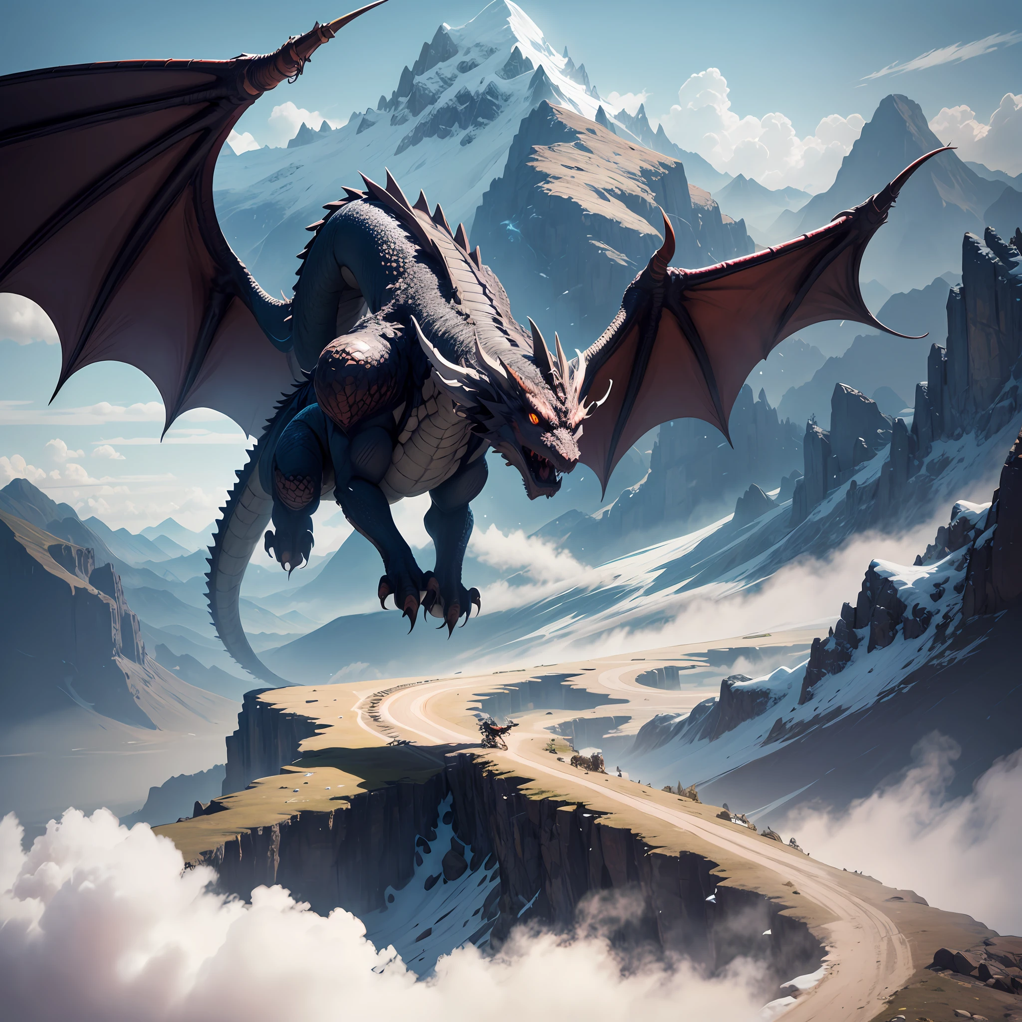 Dragon in armor flying above a mountain. --auto