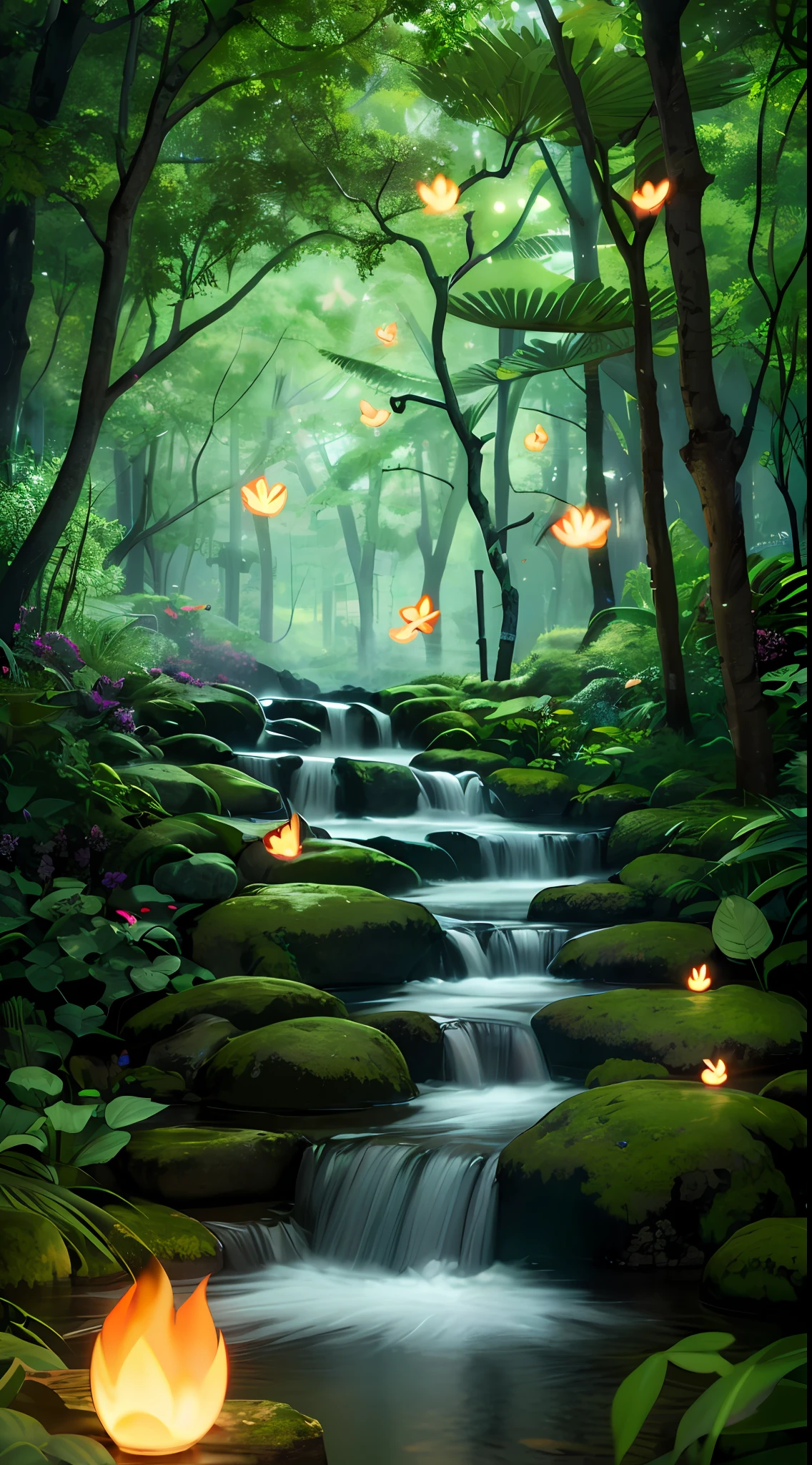 Masterpiece, highest quality, (highly detailed CG Unity 8K wallpaper), (highest quality), (best illustration), (best shadow), forest theme incorporating elements of nature. Surrounded by tall trees, quiet streams, glowing little mushrooms, delicate leaves and branches, glowing particle effect with fireflies, (natural elements), (jungle theme), (leaves), (branches), (fireflies), butterflies, (delicate leaves), (glow), (particle effects), isometric 3D, octane rendering, ray tracing, ultra detail