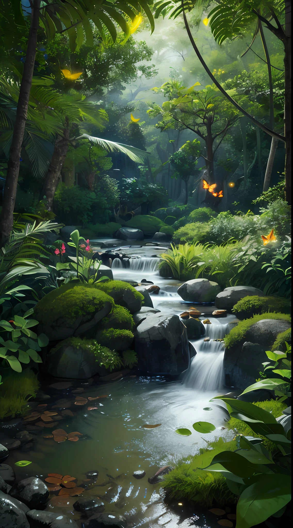 Masterpiece, highest quality, (highly detailed CG Unity 8K wallpaper), (highest quality), (best illustration), (best shadow), forest theme incorporating elements of nature. Surrounded by tall trees, quiet streams, glowing little mushrooms, delicate leaves and branches, glowing particle effect with fireflies, (natural elements), (jungle theme), (leaves), (branches), (fireflies), butterflies, (delicate leaves), (glow), (particle effects), isometric 3D, octane rendering, ray tracing, ultra detail