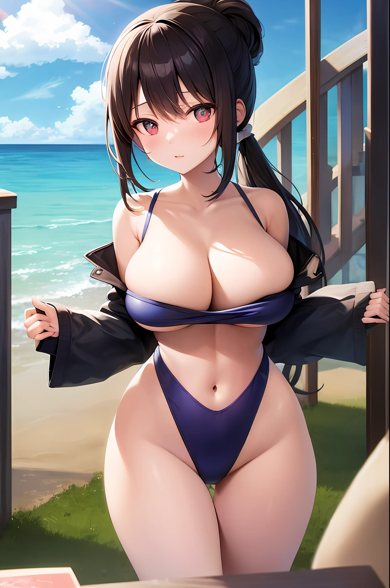 swimsuits、Transparent、blanc、big boobs、Dark hair、a ponytail、Lower breast、Constriction、ass