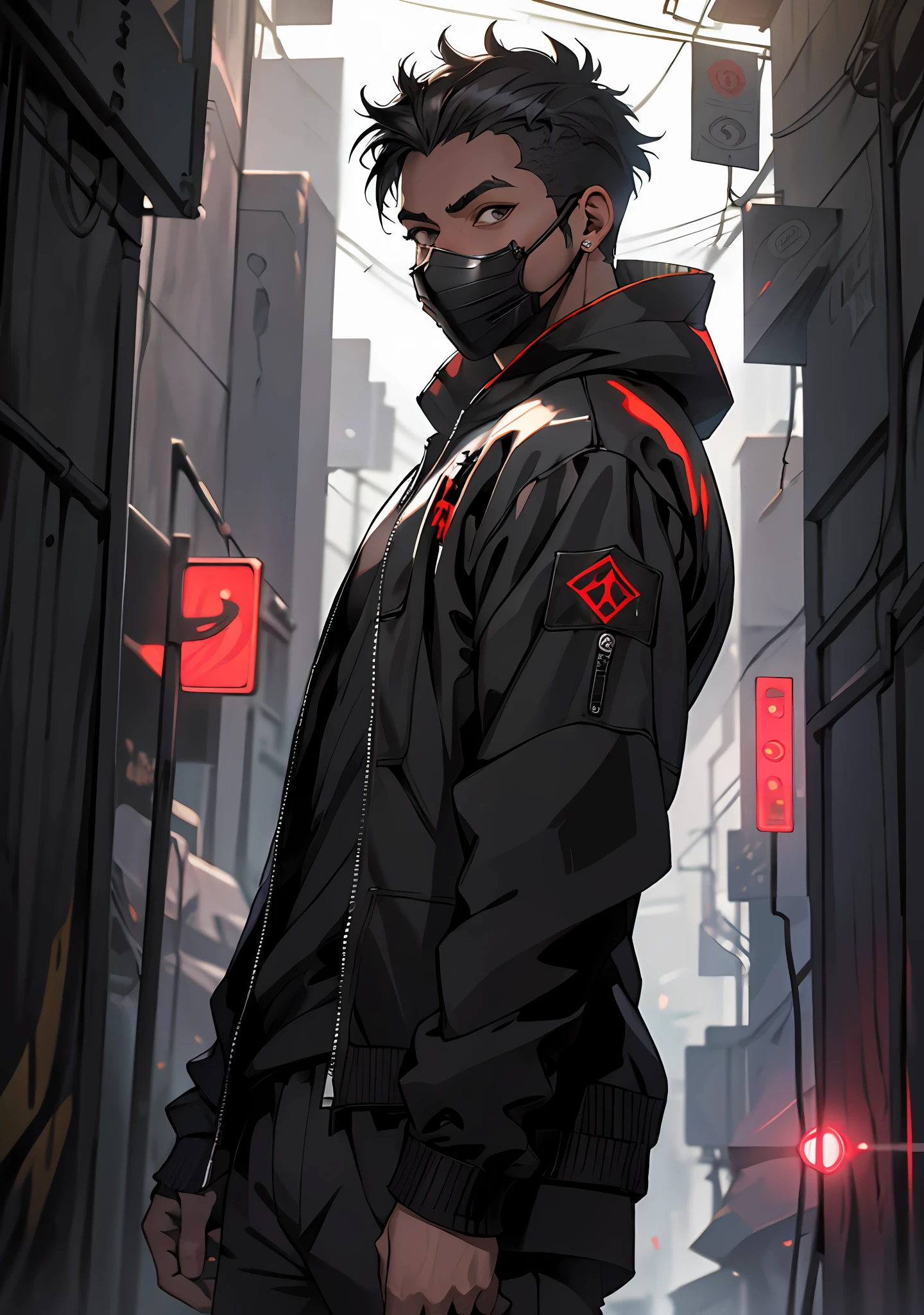 ultra detalhe, high-resolution, ultra detalhado, melhor qualidade, amazing, qualidade superior, extremamente detalhado CG unidade de papel de parede 8k, cinematic lighting, cyberpunk, dark boy, anime gang face mask, cabelo ruim preto e orelhas