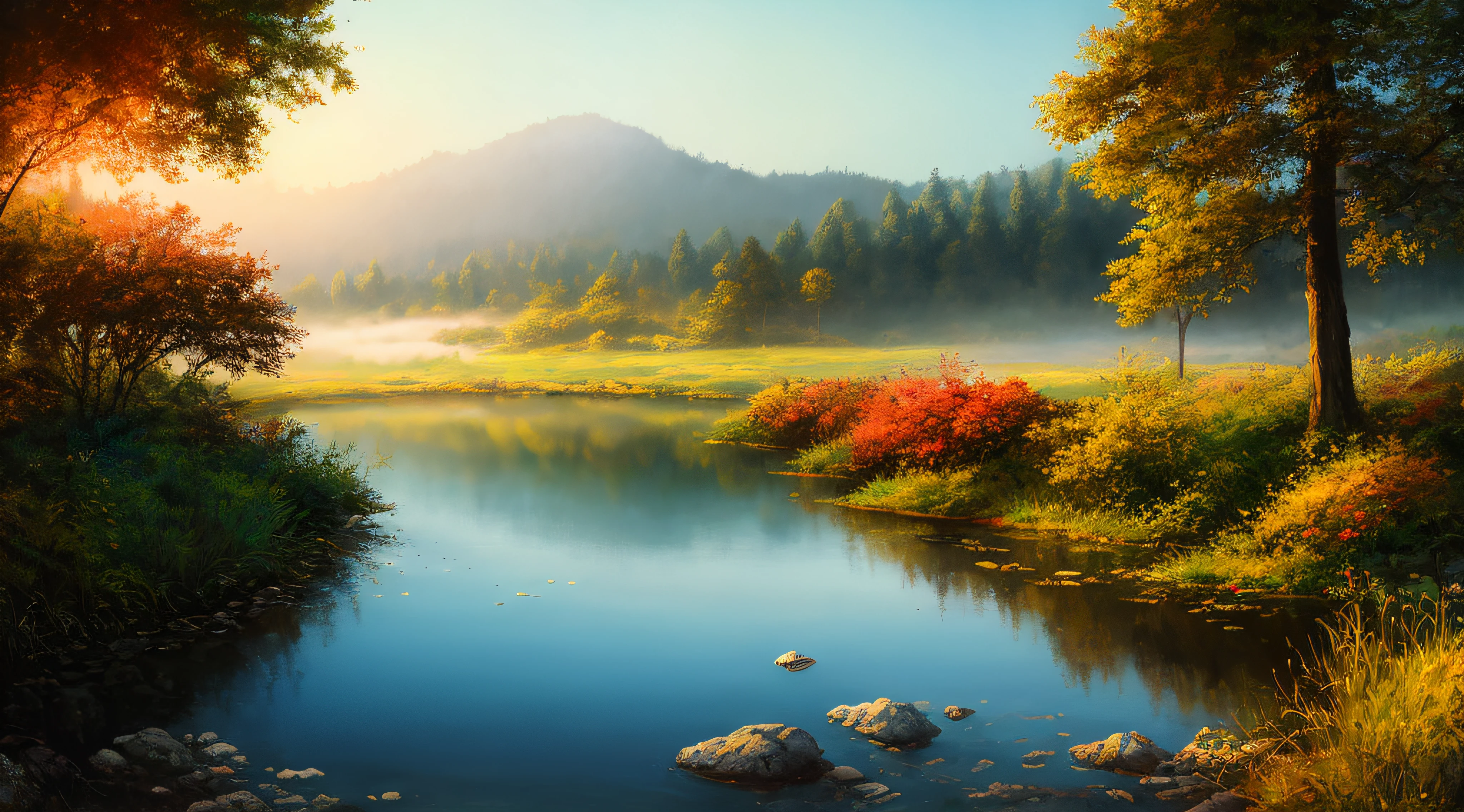 masterpiece, best quality, high quality,extremely detailed CG unity 8k wallpaper, A tranquil and peaceful scene, featuring a serene lake nestled among rolling hills and surrounded by a verdant forest, with a misty morning fog that adds an air of mystery and enchantment, artstation, digital art, intricate, trending, muted colors, artstation, digital illustration, intricate, trending, pastel colors, oil paiting, award winning photography, Bokeh, Depth of Field, HDR, bloom, Chromatic Aberration ,Photorealistic,extremely detailed, trending on artstation, trending on CGsociety, Intricate, High Detail, dramatic, art by midjourney