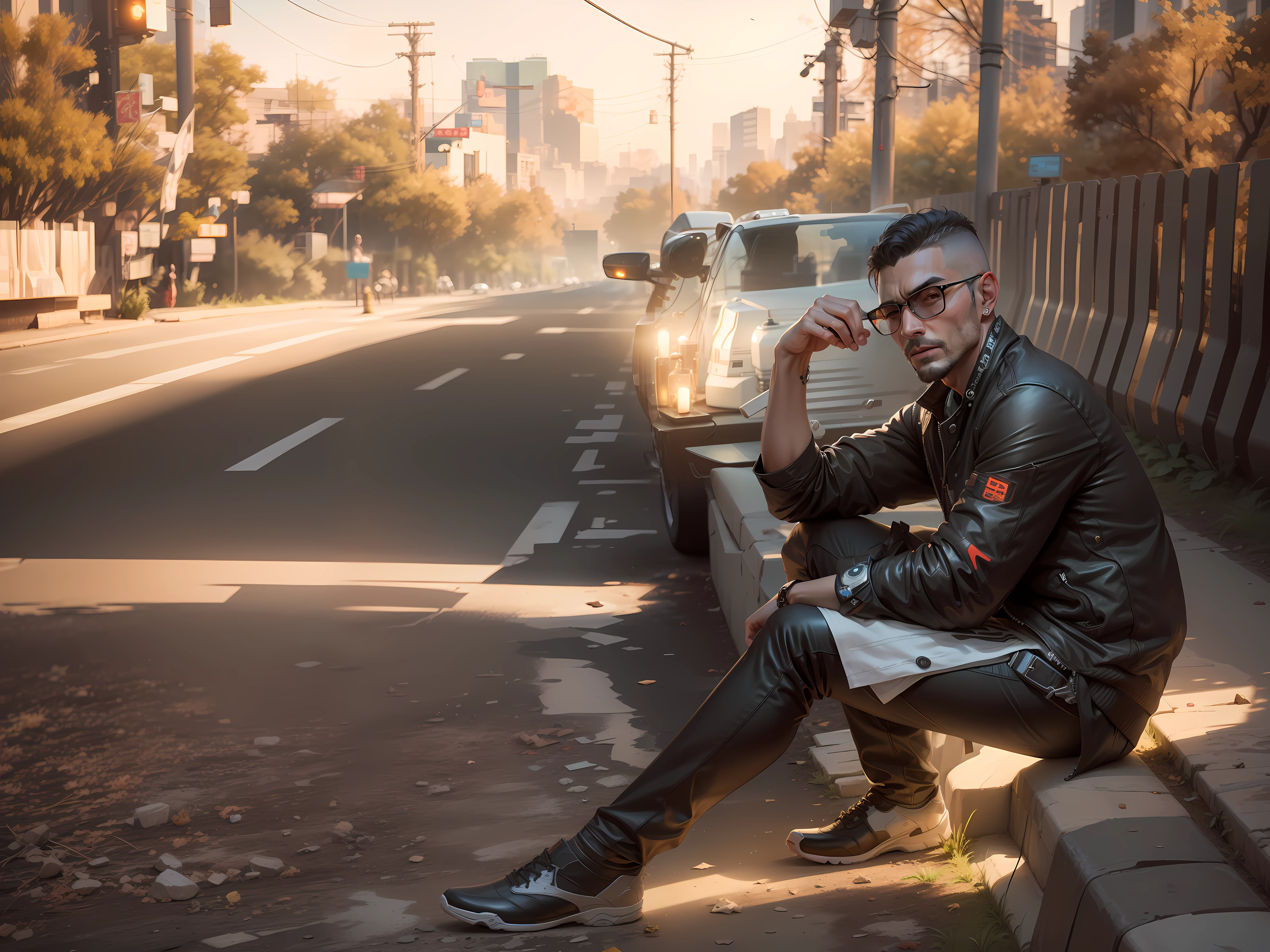 Change background cyberpunk handsome Man, realistic Face, 8k ultra realistic, Best quality, ray tracing, well lighting, mature handsome Man, realistic body , Shaved Face
