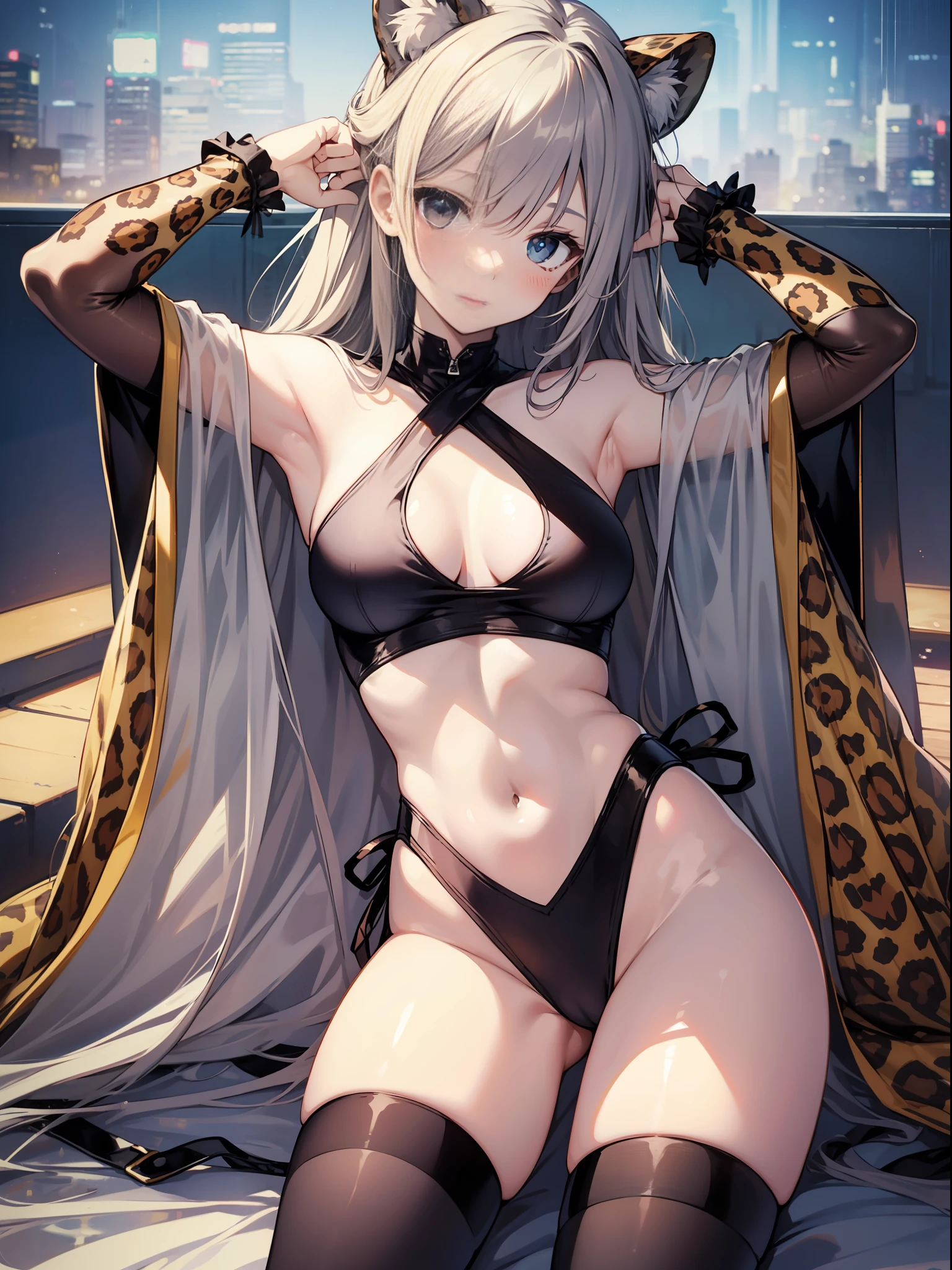 Leopard print swimsuit、Slender Beautiful Girl、One person、high picture quality、best-quality、Fine detail、Does not blush cheeks、kneehighs、a-pose
