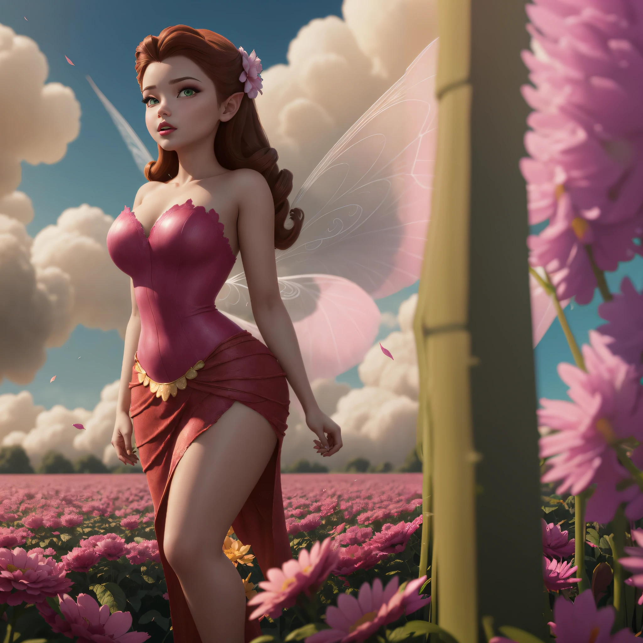 araffe fairy in a pink dress standing in a field of flowers, mulher fada morena, impressionante render 3d de uma fada, duende morena com asas de fada, fada bonita, Retrato de uma fada, Retrato da fada, estilo de arte de fantasia, fada adulta bonita, bela arte de fantasia, Personagem Pixie, realistic fantasy render, Rainha das Fadas, Rainha Fada