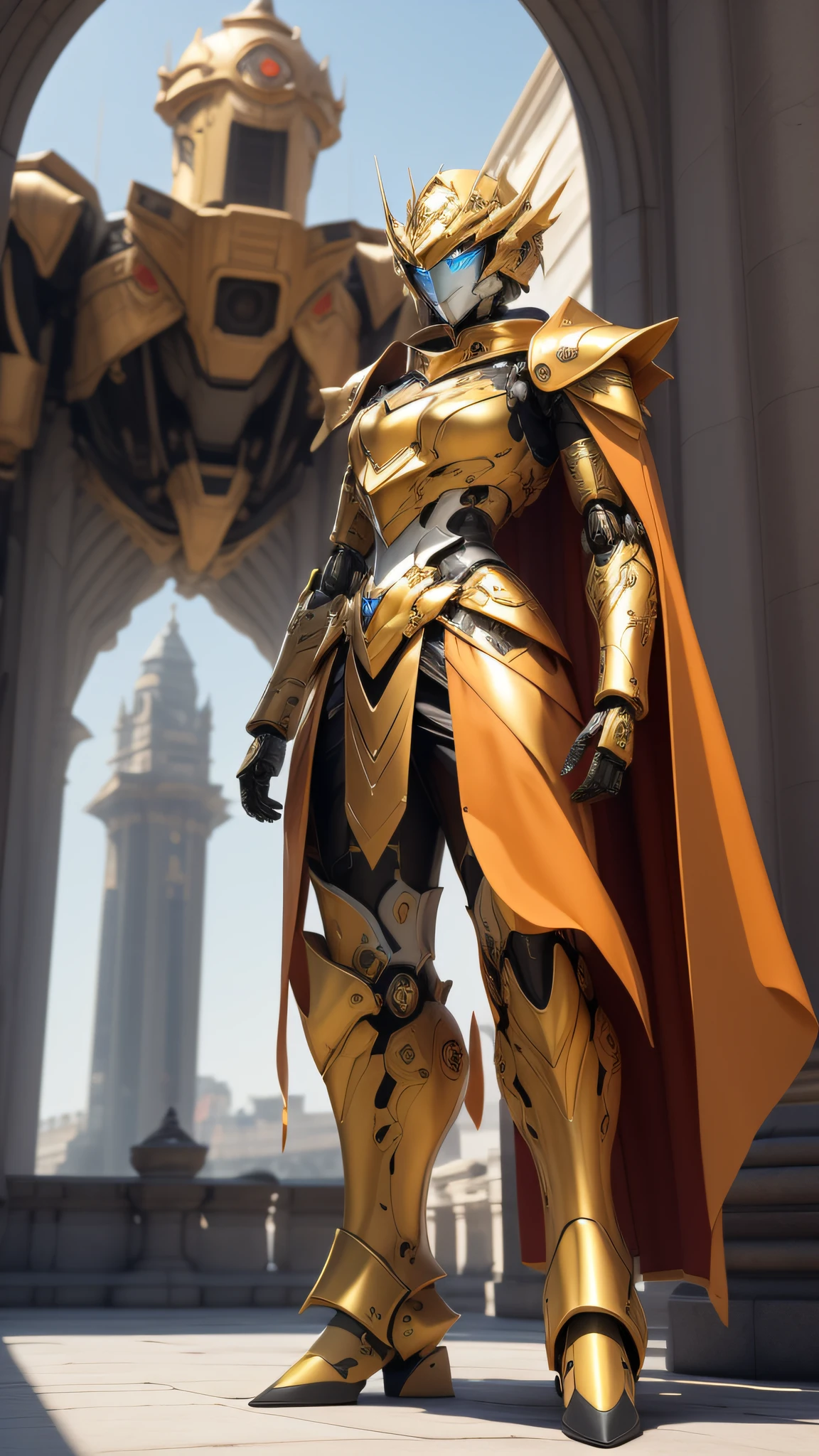 ((Best quality)), ((masterpiece)), (highly detailed:1.3),3D, elite Mecha paladin,royal house guard,beautiful female wearing intricate ceremonial armor, golden cape, military mecha parade in background at grand imperial palace,
