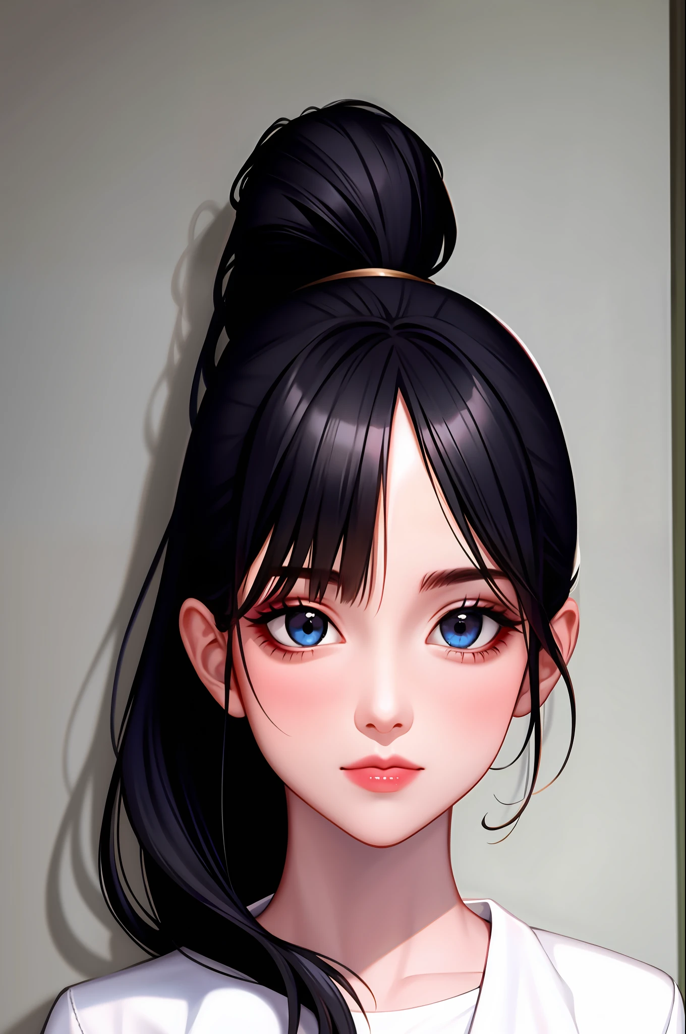 1 girl,solo,room theme,looking at viewer,big tits,portrait,from the front,cute girl,ponytail,long hair,black hair,blue eye((teen girl))