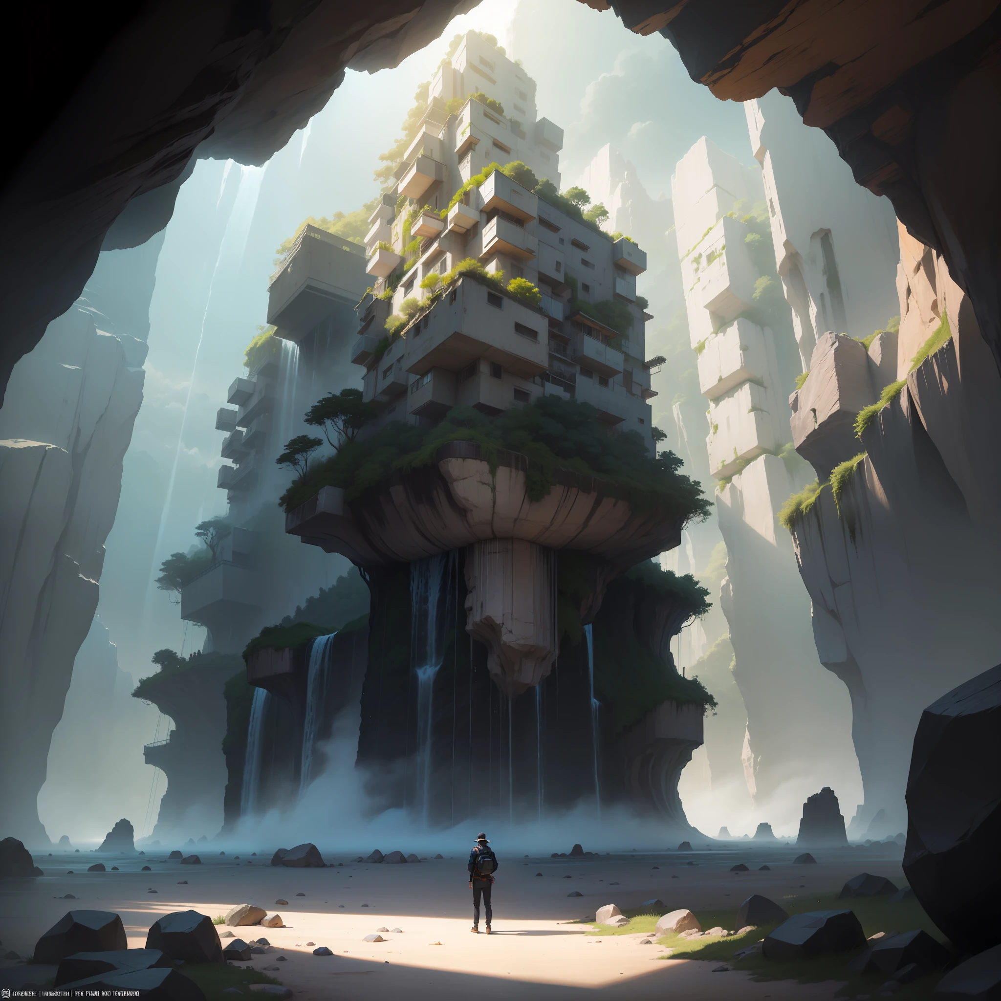 prompt:an awesome sunny cheerful day environment concept art of Futuristic design of cave architecture interiors concept art on grand Canyon caves nature architecture, proportional,detailed, cave architecture nature meets futuristic architecture on a rainforest jungle cliff with huge waterfalls,Crepuscular rays, nature meets modern architecture in the style of Aries Moross, Rem Koolhaas,Daniel Libeskind, Jean Nouvel, Paolo Soleri,Toyo Ito and Philip Johnson with Dry brush drawing style ,Chiaroscuro village,cliff side residential area, mixed development,nature architecture,bright colors,high rise made up staircases, balconies, full of glass facades,carved from rocks, masterpiece, proportional, detailed, trending on artstation, beautiful lighting, realistic, intricate, award