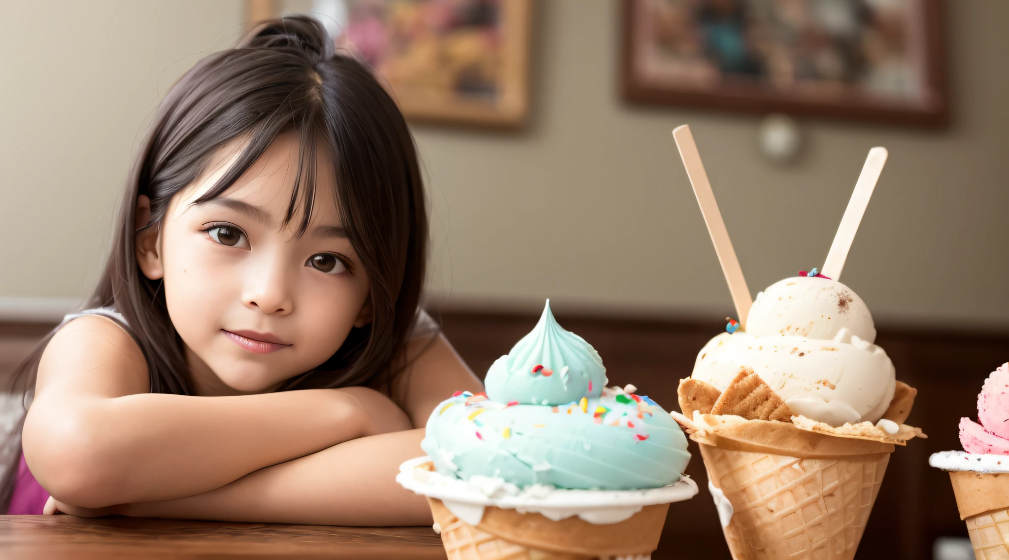 girl CHILD , loira com cabelo cacheado, three ice cream cones with different flavors of ice cream in them, casquinhas de sorvete, gelado, casquinha de sorvete, sorvete ao lado, montanhas de sorvete, comer sorvete - creme, comer sorvete, cone, Nascer, delicioso, 8k)), em forma de cone, detalhado