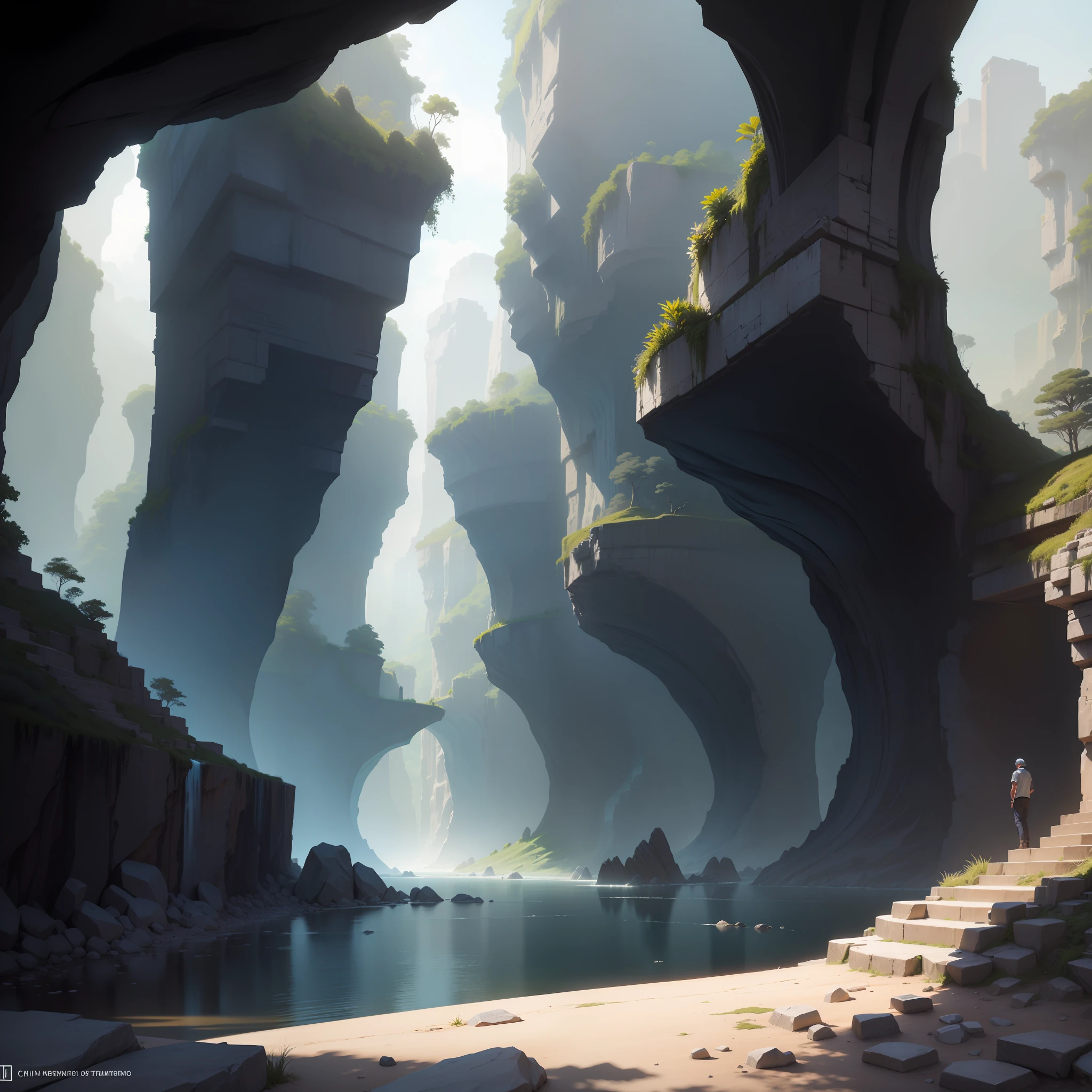 prompt:an awesome sunny cheerful day environment concept art of Futuristic design of cave architecture interiors concept art on grand Canyon caves nature architecture, proportional,detailed, cave architecture nature meets futuristic architecture on a rainforest jungle cliff with huge waterfalls,Crepuscular rays, nature meets modern architecture in the style of Aries Moross, Rem Koolhaas,Daniel Libeskind, Jean Nouvel, Paolo Soleri,Toyo Ito and Philip Johnson with Dry brush drawing style ,Chiaroscuro village,cliff side residential area, mixed development,nature architecture,bright colors,high rise made up staircases, balconies, full of glass facades,carved from rocks, masterpiece, proportional, detailed, trending on artstation, beautiful lighting, realistic, intricate, award