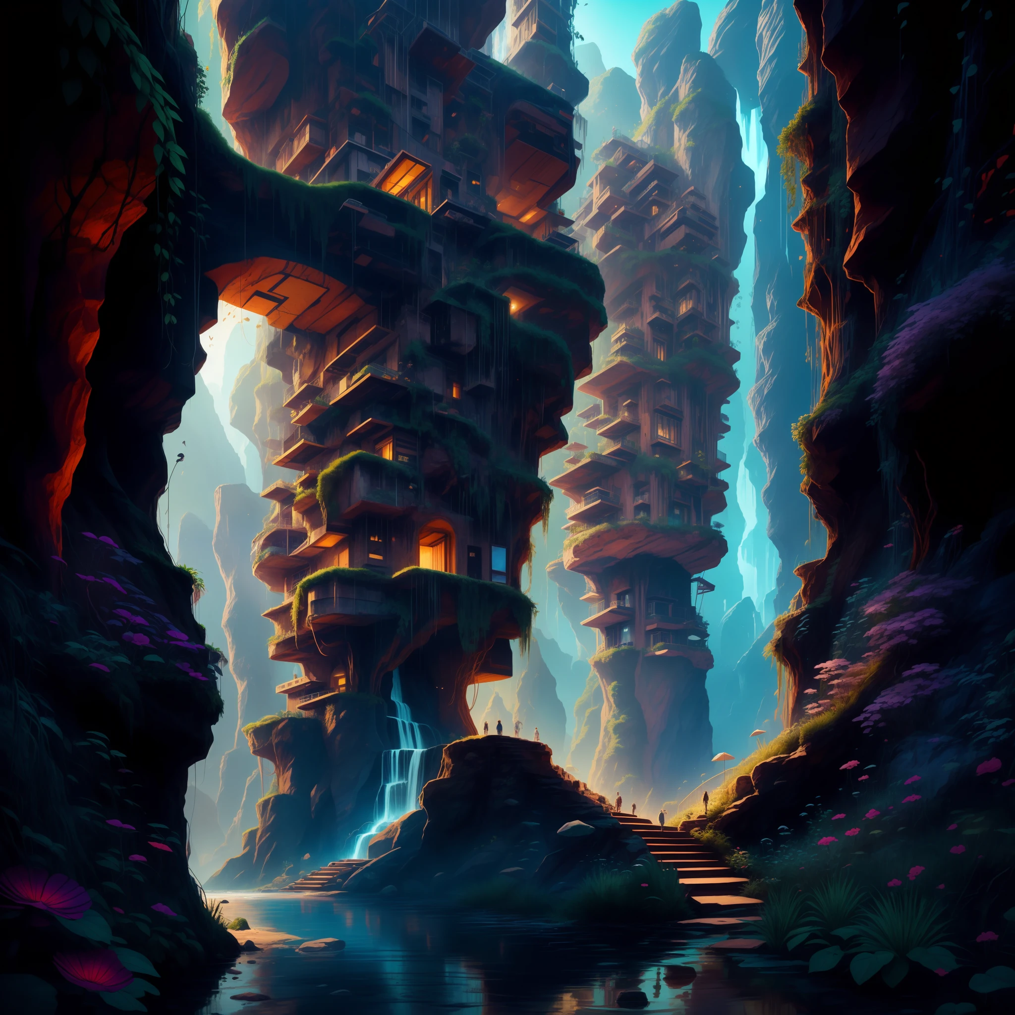 prompt:an awesome sunny cheerful day environment concept art of Futuristic design of cave architecture interiors concept art on grand Canyon caves nature architecture, proportional,detailed, cave architecture nature meets futuristic architecture on a rainforest jungle cliff with huge waterfalls,Crepuscular rays, nature meets modern architecture in the style of Aries Moross, Rem Koolhaas,Daniel Libeskind, Jean Nouvel, Paolo Soleri,Toyo Ito and Philip Johnson with Dry brush drawing style ,Chiaroscuro village,cliff side residential area, mixed development,nature architecture,bright colors,high rise made up staircases, balconies, full of glass facades,carved from rocks, masterpiece, proportional, detailed, trending on artstation, beautiful lighting, realistic, intricate, award