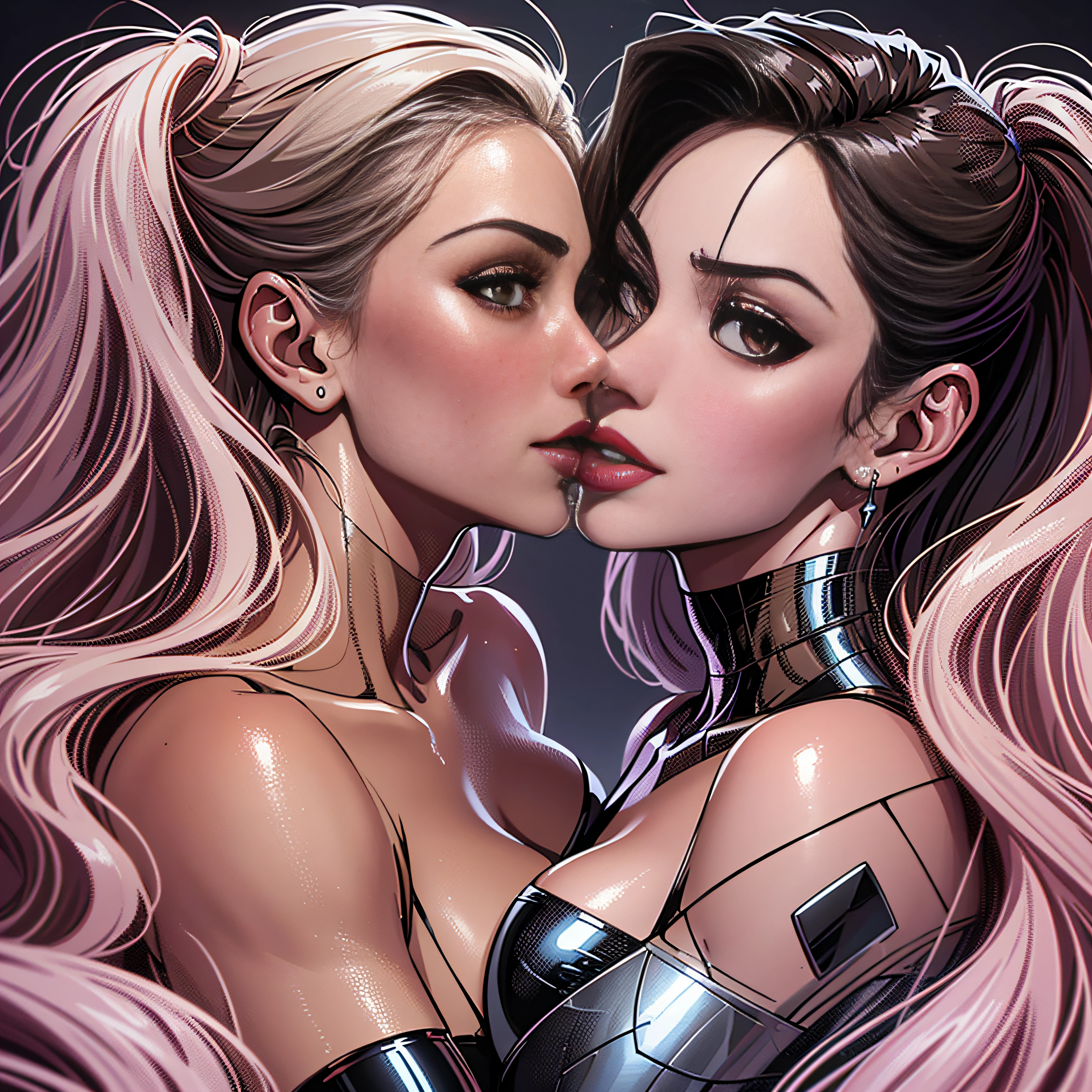 An ultra realistic digital art full body portrait of Marvel's Elektra Natchios and Marvel's Black Widow standing close looking deep into each other's eyes, body to body, kissing each other, side view, big emphasis on seductively smiling juicy lips with lipstick, clearly detailed brown eyes, character, badass female character, female character, full body details, full character bodies, character art, leaked image, face close-up shot, seductive expressions