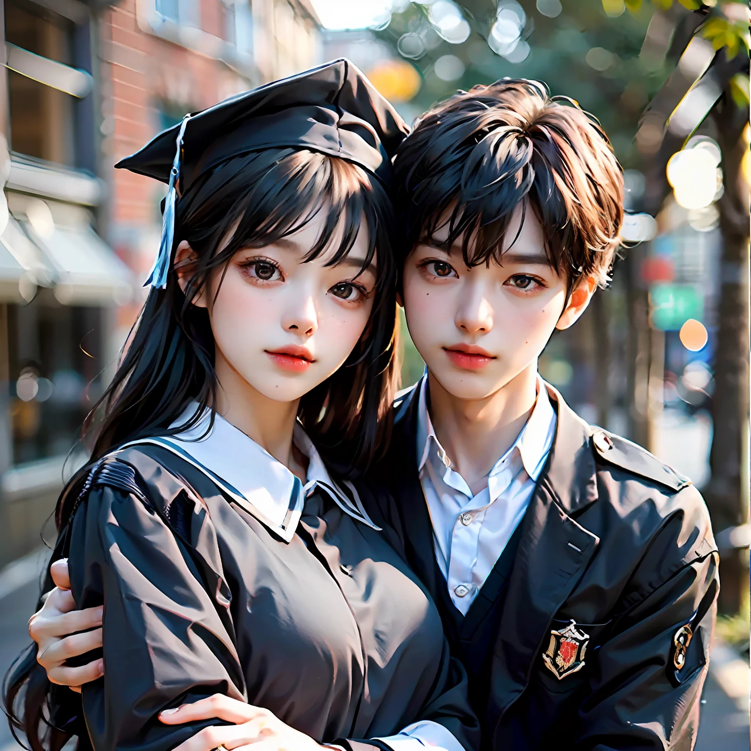 (Best quality),(HD 8K),(Realistic),((A boy puts his arm around a girl for a photo)),((Wearing bachelor's uniform)),The background is the graduation ceremony,be booked up,(Masterpieces)