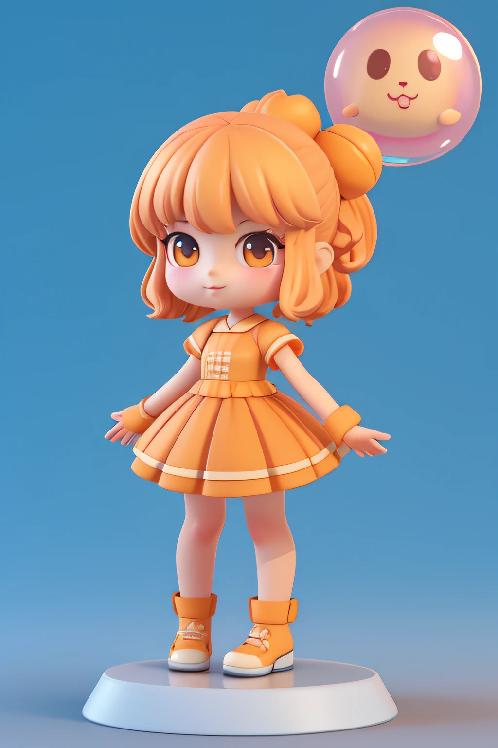 Design a mascot about water apricot with water apricot leaves on the head, natural standing, front whole body, bubble mart style, clean and simple design, IP image, high-grade natural color matching, bright and harmonious, cute and colorful, detailed character design, Behance, Shanghai style, organic carving, C4D style, 3D animation style design, cartoon, fun character design, ray tracing, children's book illustration style