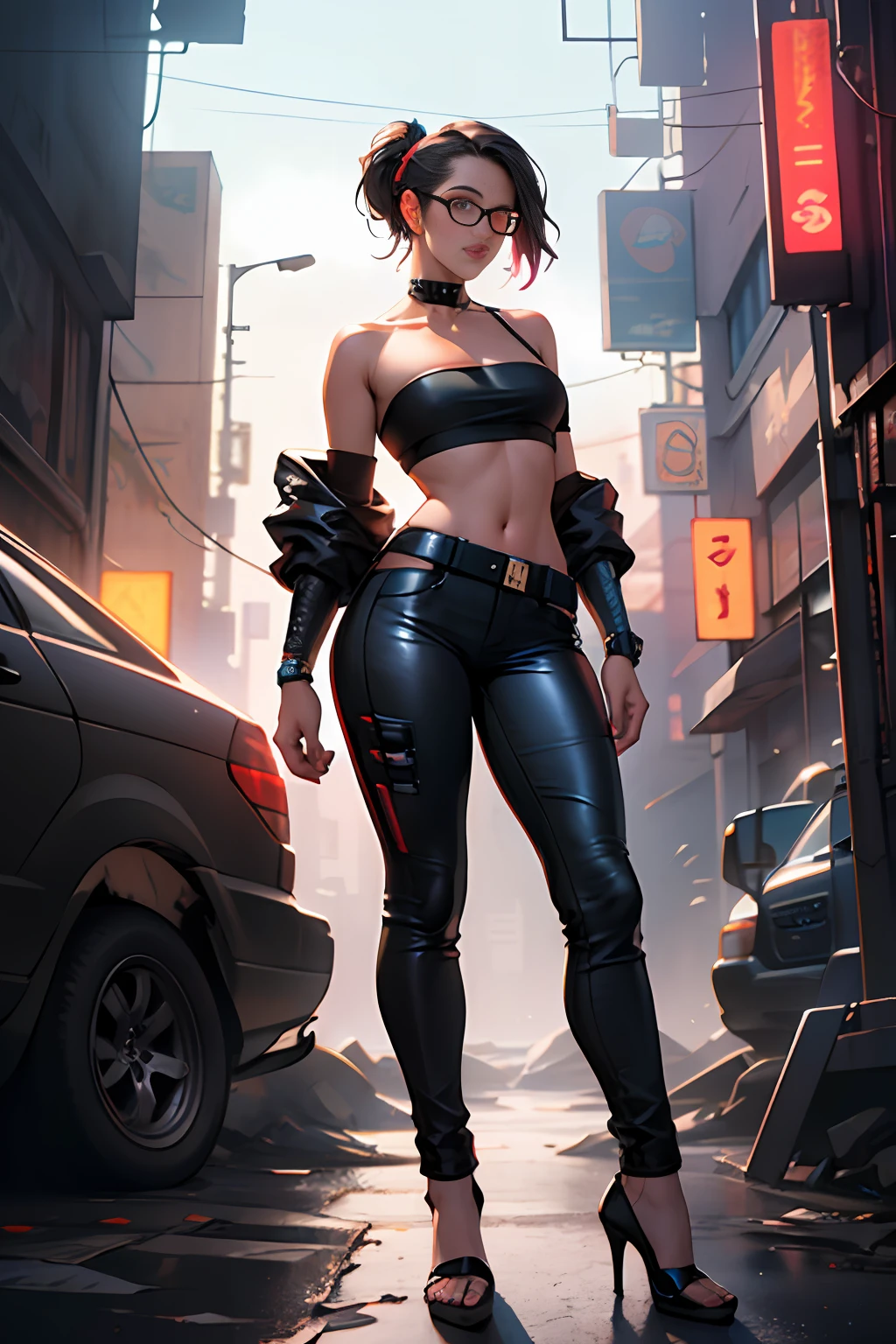 Cyberpunk portrait photography, cyberpunk glasses, glowing cyberpunk neck guard, black bandeau, leather pants, high heels, natural skin, soft light, edge light, hips, on curbside, complex, highly detailed, octane rendering, HD, 8k, Anne Leibovitz