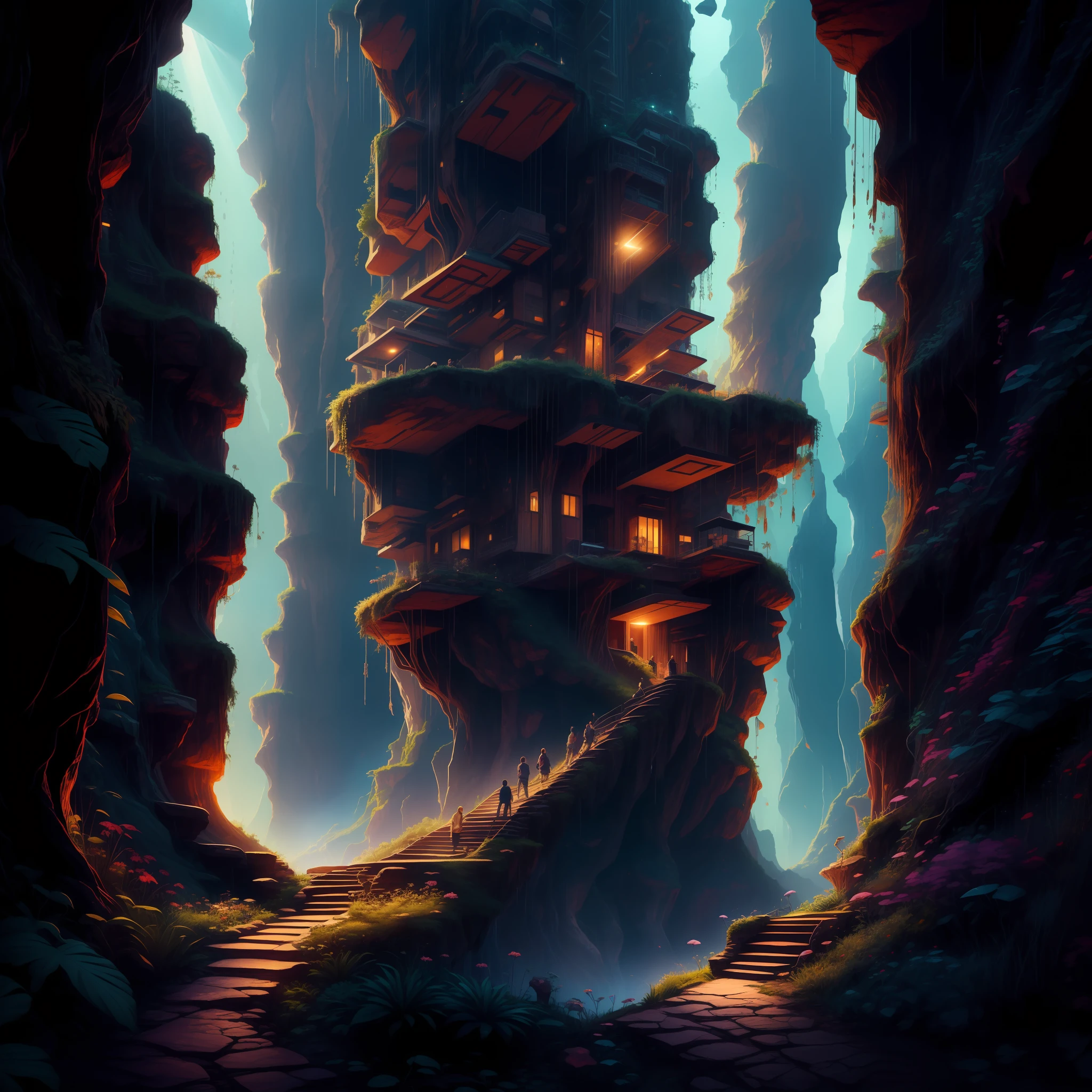 prompt:an awesome sunny cheerful day environment concept art of Futuristic design of cave architecture interiors concept art on grand Canyon caves nature architecture, proportional,detailed, cave architecture nature meets futuristic architecture on a rainforest jungle cliff with huge waterfalls,Crepuscular rays, nature meets modern architecture in the style of Aries Moross, Rem Koolhaas,Daniel Libeskind, Jean Nouvel, Paolo Soleri,Toyo Ito and Philip Johnson with Dry brush drawing style ,Chiaroscuro village,cliff side residential area, mixed development,nature architecture,bright colors,high rise made up staircases, balconies, full of glass facades,carved from rocks, masterpiece, proportional, detailed, trending on artstation, beautiful lighting, realistic, intricate, award