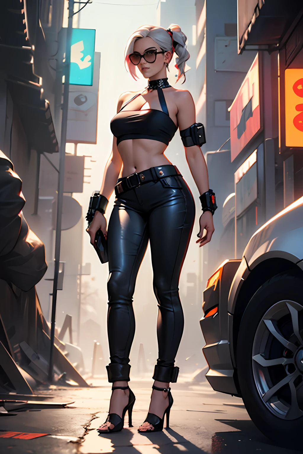Cyberpunk portrait photography, cyberpunk glasses, glowing cyberpunk neck guard, black bandeau, leather pants, high heels, natural skin, soft light, edge light, hips, on curbside, complex, highly detailed, octane rendering, HD, 8k, Anne Leibovitz