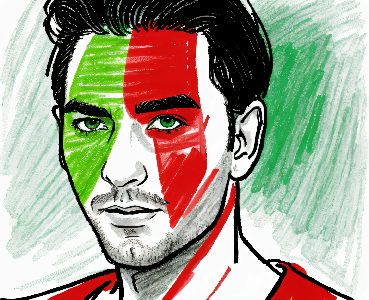 a drawing of a man with a green, white and red face, drawn in Microsoft ink, Italian flag, painting of Italy, very expressive face, drawn with photoshop, digital art!, highly detailed digital art, vivid colors of the Italian flag,, (saturation: 1.5)