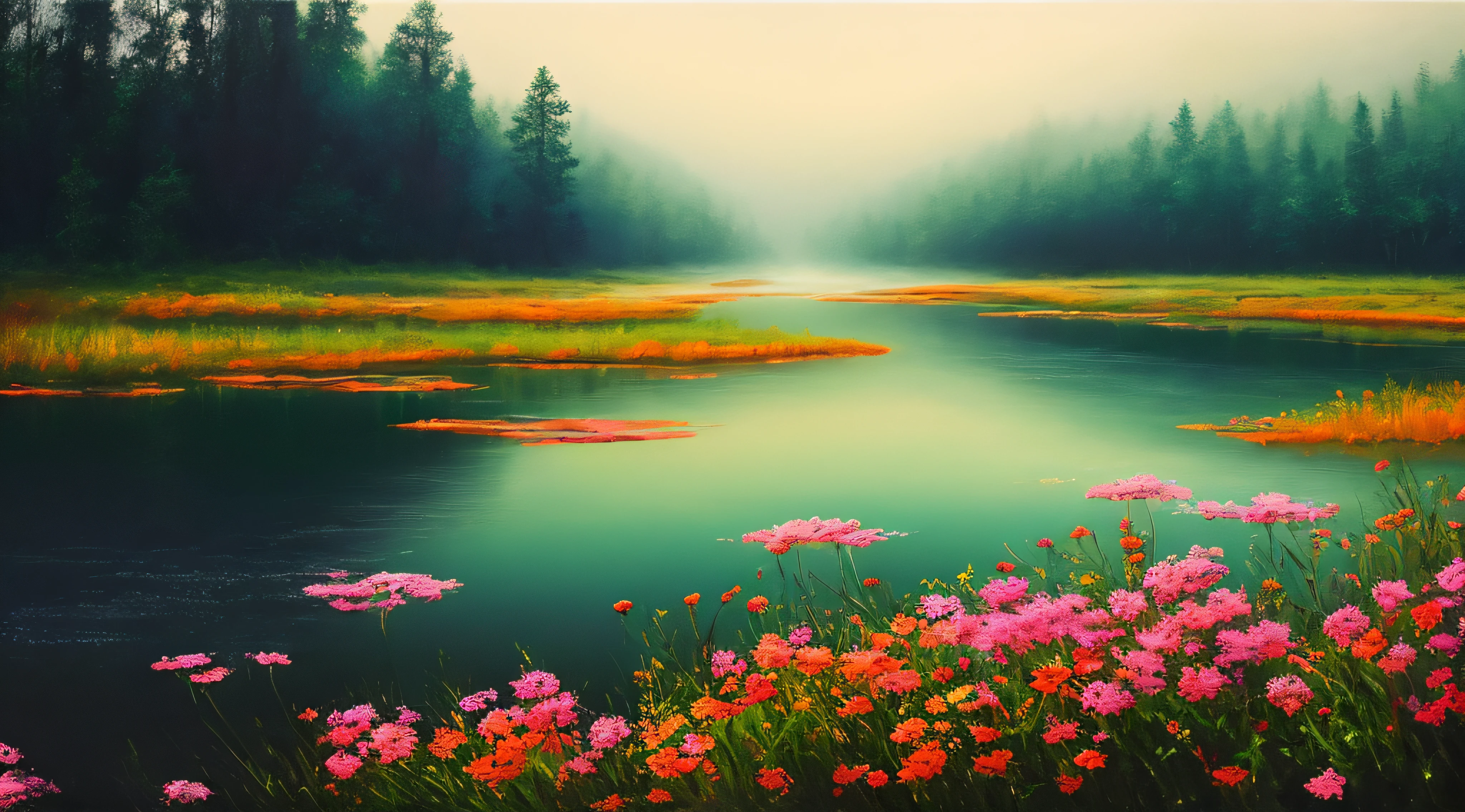 masterpiece, best quality, high quality,extremely detailed CG unity 8k wallpaper, A tranquil and peaceful scene, featuring a serene lake nestled among rolling hills and surrounded by a verdant forest, with a misty morning fog that adds an air of mystery and enchantment, artstation, digital art, intricate, trending, muted colors, artstation, digital illustration, intricate, trending, pastel colors, oil paiting, award winning photography, Bokeh, Depth of Field, HDR, bloom, Chromatic Aberration ,Photorealistic,extremely detailed, trending on artstation, trending on CGsociety, Intricate, High Detail, dramatic, art by midjourney