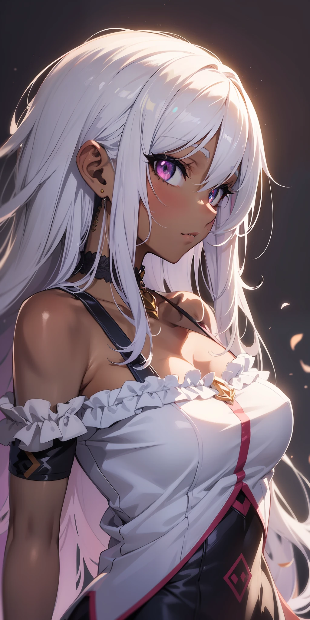 ((masterpiece)), ((best quality)), ((anime profile style)), ((HD 4k)), ((anime character)), girl, dark skin tone, eyes, Eyelid, Pupil , Sclera, Iris, eyebrow, eyelashes, ear, nose, giant hair, neck, shoulders, medium breasts, simple casual clothing, arms, bad perfect, viewer's view