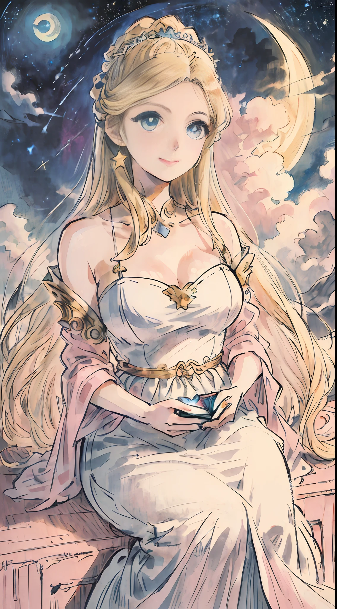 (Photorealistic Tech:1.6),(absurdres、best-quality、high-definition、Beautiful and aesthetic、Extreme details 、Elaborate beautiful eyes、Official Art、beauty and aesthetics:1.2)、Goddess sitting on clouds with stars and moon in the background、Very cute Aphrodite、Beautiful blonde、anime fantasy illustration、Detailed beautiful face、Greek White Dress、Big crescent moon in the background、star sky、Pink clouds、Detailed Digital Anime Art、Dreamy details、Flowing streamer、Overexposed、Floating hair、Volume Lighting、Close your mouth and smile、Facial focus:1.4