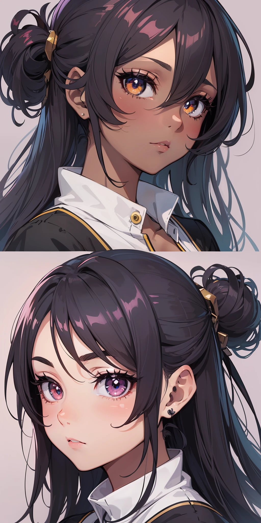 ((masterpiece)), ((best quality)), ((anime profile style)), ((HD 4k)), ((anime character)), girl, dark skin tone, eyes, Eyelid, Pupil , Sclera, Iris, eyebrow, eyelashes, ear, nose, giant hair, neck, shoulders, medium breasts, simple casual clothing, arms, bad perfect, viewer's view