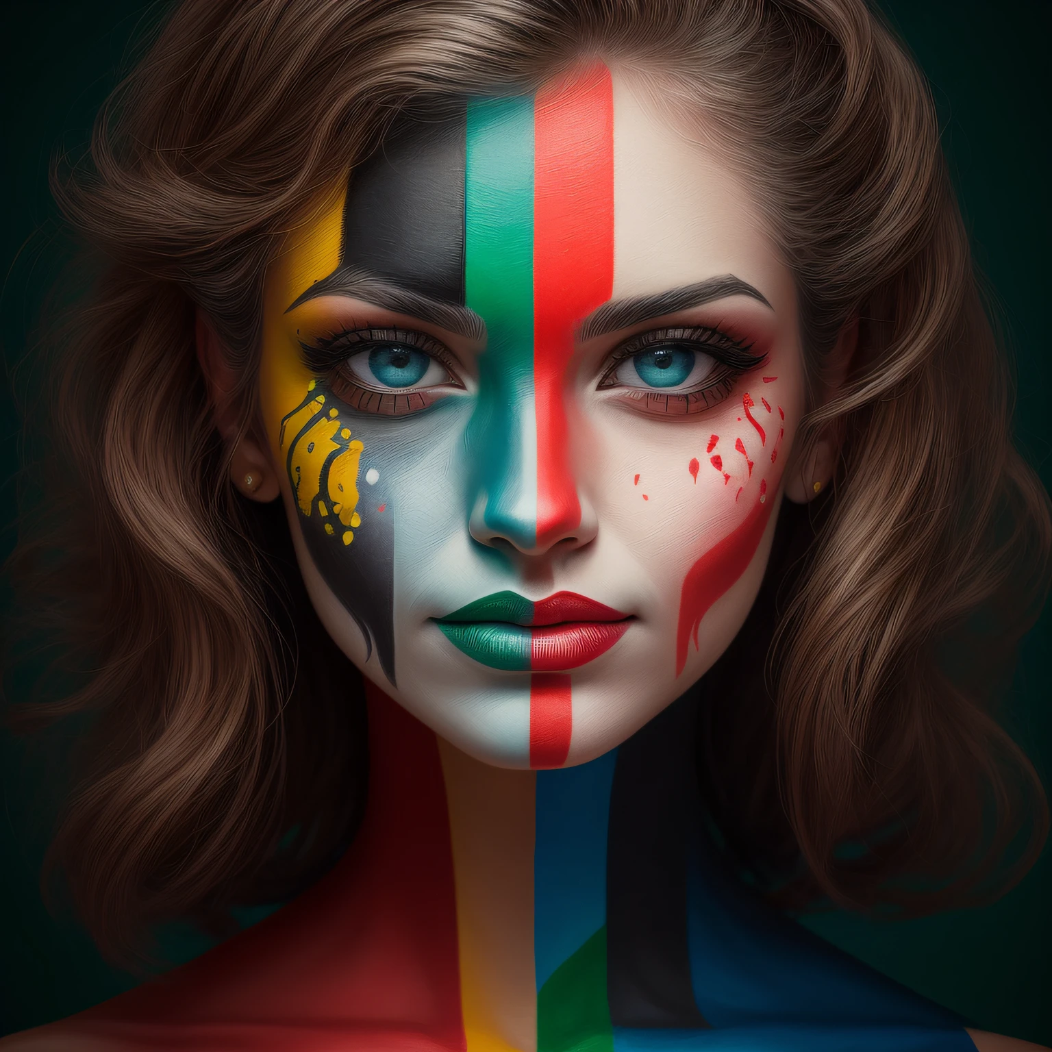photo portrait of a woman with a face painted with the colors of the Italian flag, (painting of Italy), very expressive face, drawn with photoshop, digital art!, ((highly detailed digital art: 1.3)), bright colors of the Italian flag,, (saturation: 1.5), Fujifilm X-T5