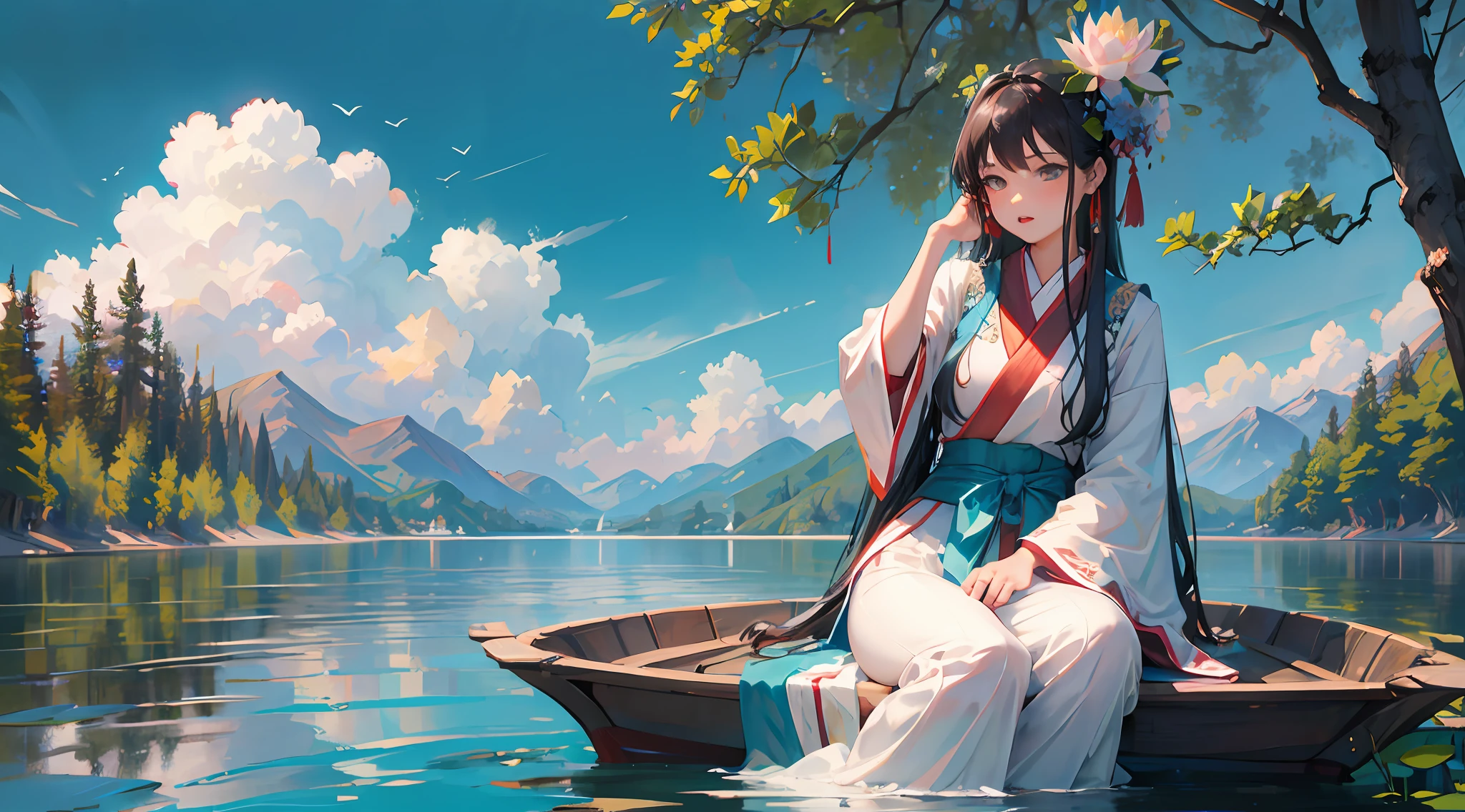 (Masterpieces:1,2),best quaity,(RAWExtremely detailed,Intricate details:1.2),2girls,Hanfu,trees,lotus flower,watercraft,aqua,mountain,scenery,sky,out door,,(Overhead shots:1.2),2K face details