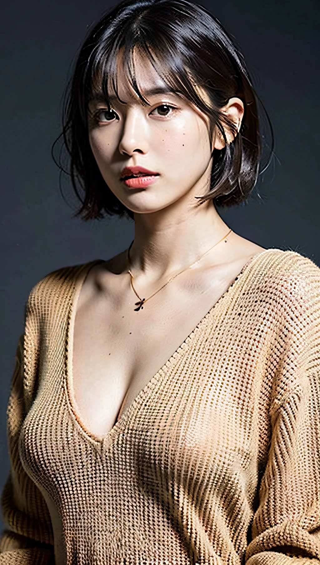 (Best quality, 8k, 32k, Masterpiece, UHD:1.2),Photo of Pretty Japanese woman, large breasts, very short bob hair,upper body,face focus,oversized_sweater, necklace, simple background, from above, looking at viewer,