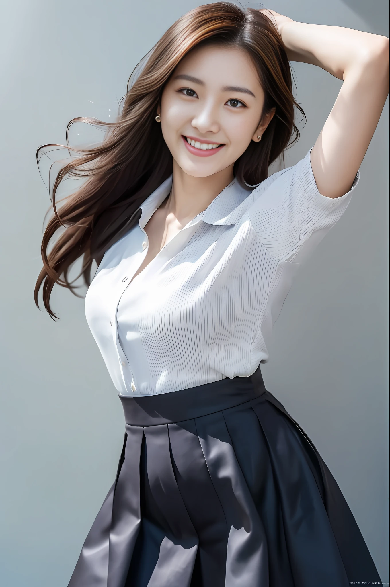 1girle, ((best-quality, 8K, masterpiece: 1.3)), Japanese actress, empty blue background: 1.8, white blouse and gray skirt, Smile, fashion model posing