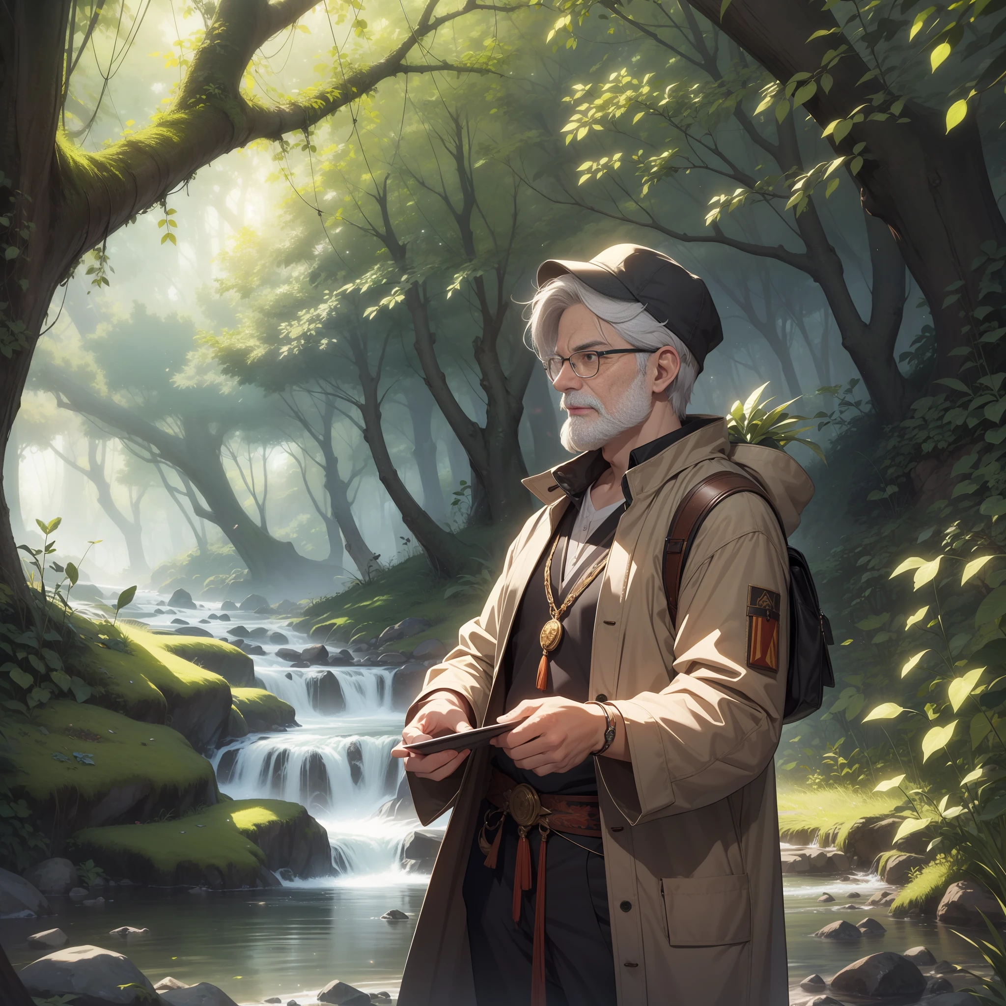 best quaity、master masterpiece、cicada、Middle-aged man dressed as a cicada、Beautiful wild and nature fantasy landscape with sparkling lights、