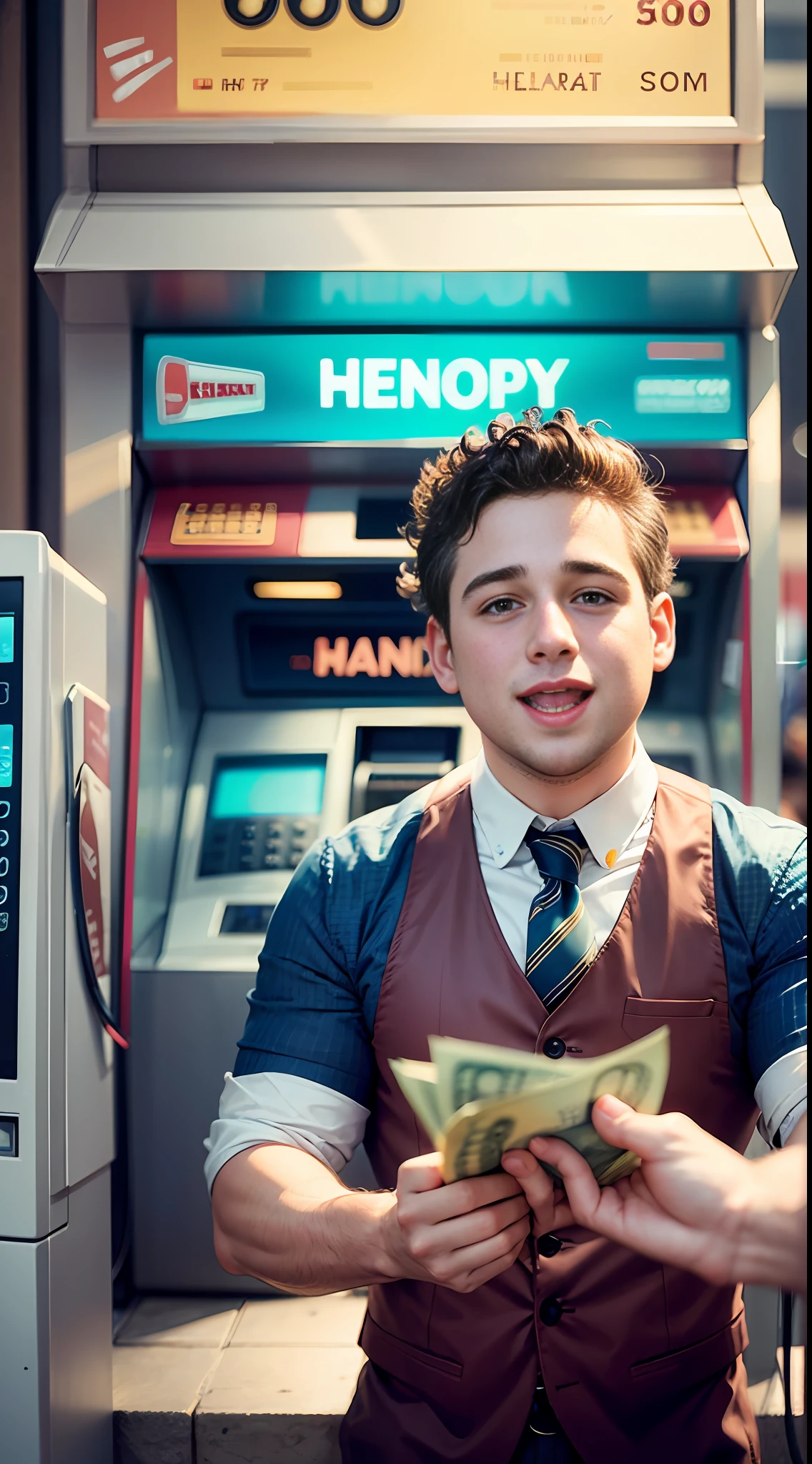 29 year old Australian bartender, short curly hair, hair like Jonah hill, clean shaven, dressed as a bartender, standing in front of ATM machine, withdrawing money from ATM machine, happy, hands in the air, very happy, joy