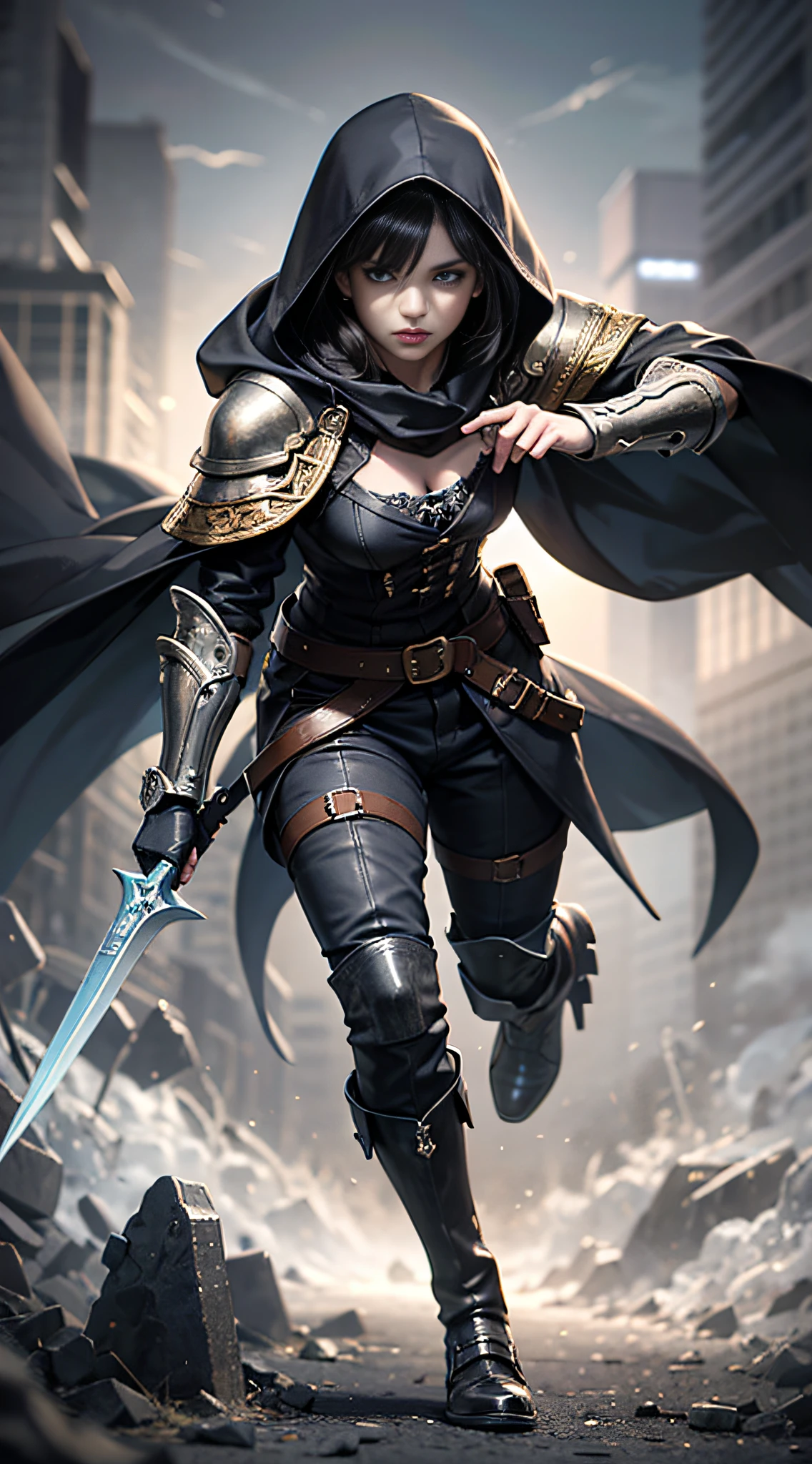 Image of assassin running with dagger to target, black light, inverted triangular face, wolf eyes, Serious, black&Light Black Reversible Hooded Cape, hooded, golden brown scarf covering up to black nose, black leather shoes, a dagger, Ultra fine illustration, fullbody shot, best aesthetic, Photorealistic, smooth and perfect skin, Highest quality, High Quality, exquisite, Beautiful, High resolution, Absurd resolution, magnificent high quality, detail, ultra- detailed, Very detailed, Insanely detailed, hyper-realistic, very high resolution, High Contrast, flat body, medieval fantasy background at night, in the style of dark fantasy,