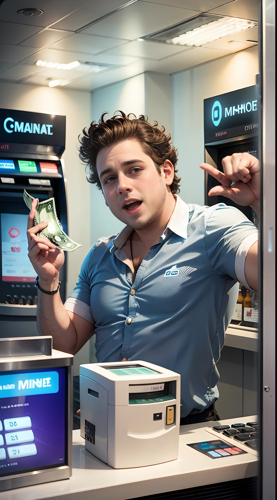 29 year old Australian bartender, short curly hair, hair like Jonah hill, clean shaven, dressed as a bartender, standing in front of ATM machine, withdrawing money from ATM machine, happy, hands in the air, very happy, joy