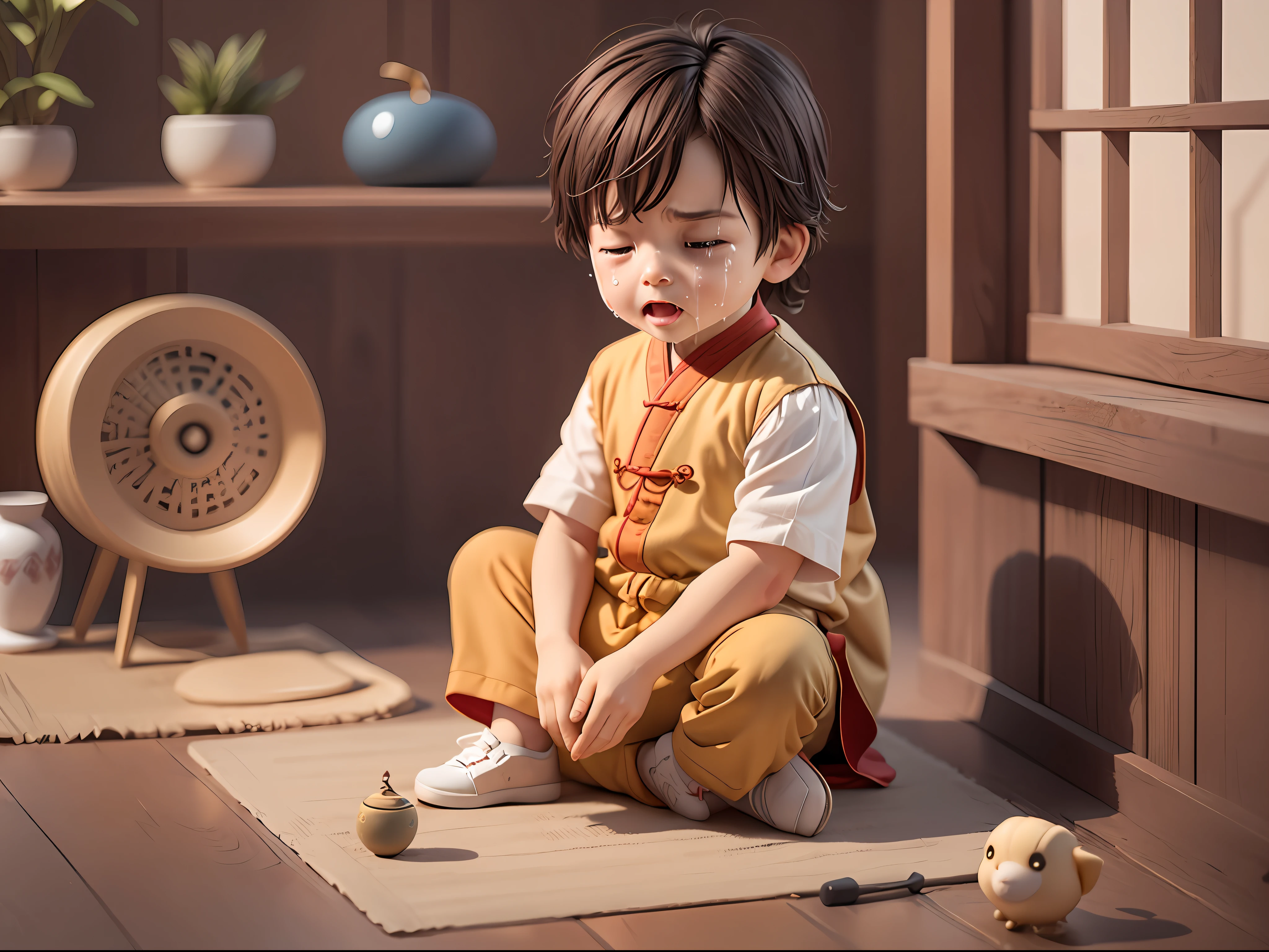 A ,Cry,sitting on a bed,Ancient Chinese style,art station, .CGI_animatic