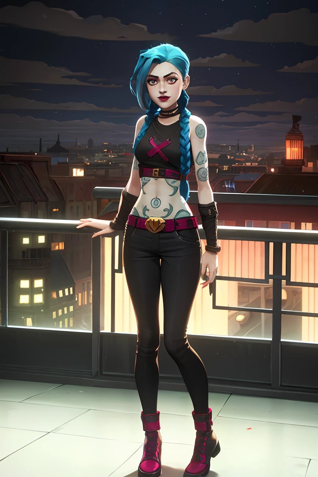 arcane style,
1girl, arm tattoo, asymmetrical bangs, bangs, blue hair, braid, brown shirt, cloud tattoo, looking at viewer, night, city, green hair, long hair, midriff, pink eyes, red lips, shirt, solo, standing, tattoo, twin braids, full body, arcane jinx, jinx \(league of legends\)