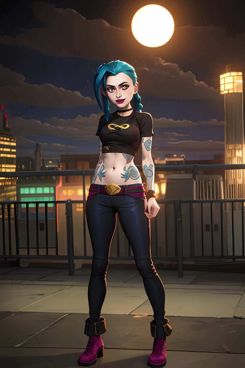 arcane style,

1girl, arm tattoo, asymmetrical bangs, bangs, blue hair, braid, brown shirt, cloud tattoo, looking at viewer, night, city, green hair, long hair, midriff, pink eyes, red lips, shirt, solo, standing, tattoo, twin braids, full body, arcane jinx, jinx \(league of legends\)