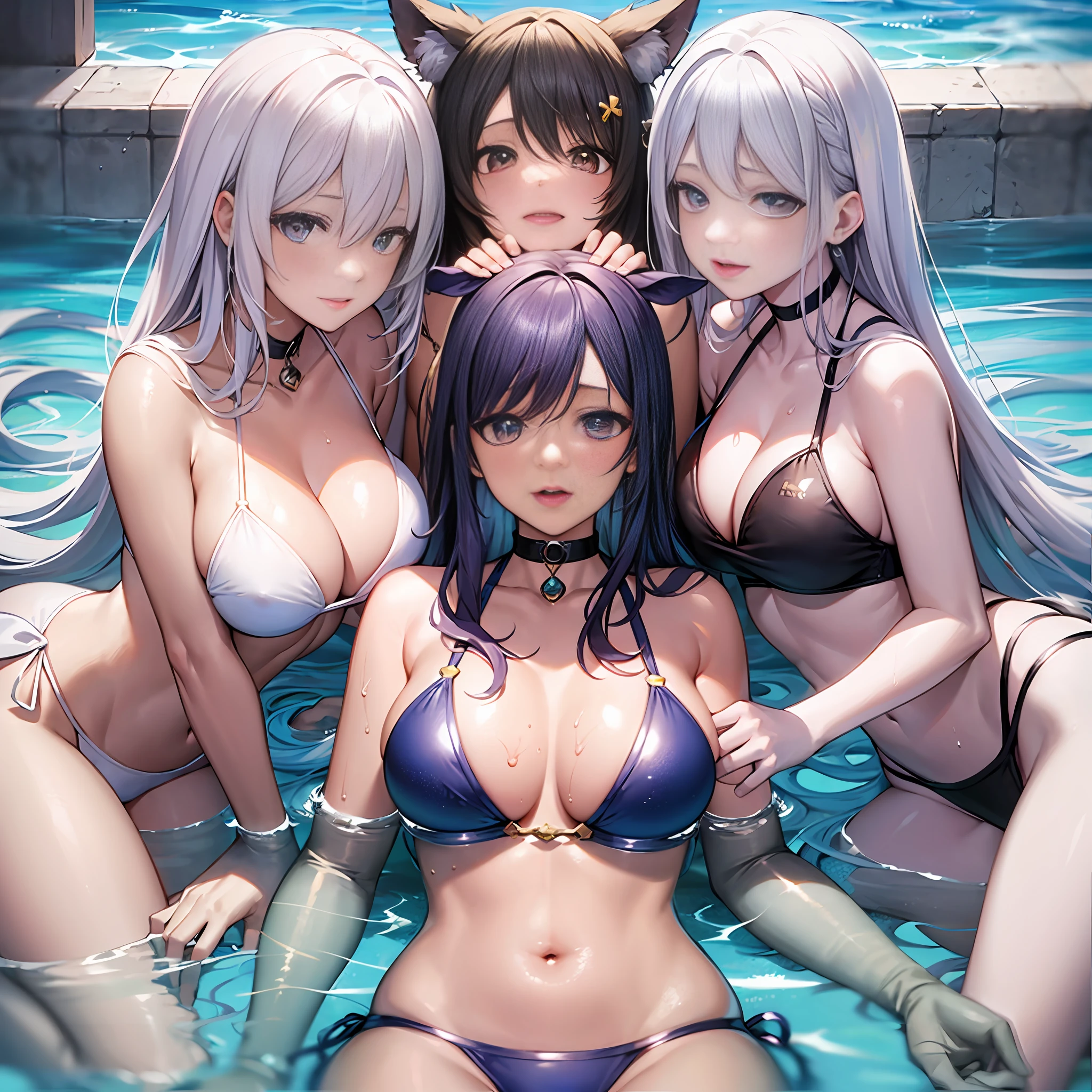 4girls，harem,yuri，lying on back，colorful swimsuit , colorful eye，asymmetrical docking，breast grab，head between breasts，wet hair, colorful hair，white hair，partially underwater shot, panorama, full body，kissing neck，（swimming pool：1.5）,party,extremely detailed cg unity 8k wallpaper