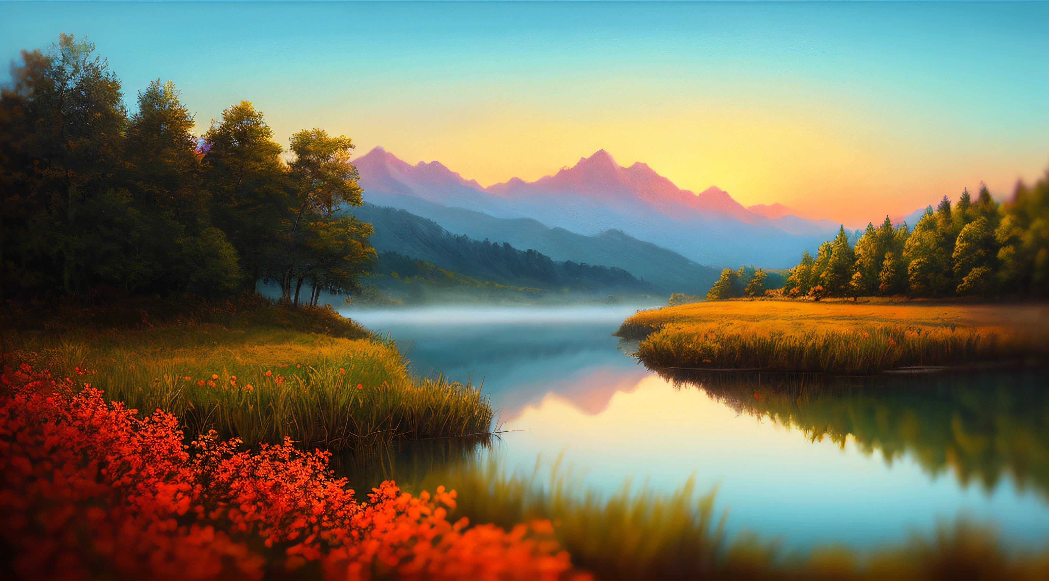 masterpiece, best quality, high quality,extremely detailed CG unity 8k wallpaper, A tranquil and peaceful scene, featuring a serene lake nestled among rolling hills and surrounded by a verdant forest, with a misty morning fog that adds an air of mystery and enchantment, artstation, digital art, intricate, trending, muted colors, artstation, digital illustration, intricate, trending, pastel colors, oil paiting, award winning photography, Bokeh, Depth of Field, HDR, bloom, Chromatic Aberration ,Photorealistic,extremely detailed, trending on artstation, trending on CGsociety, Intricate, High Detail, dramatic, art by midjourney