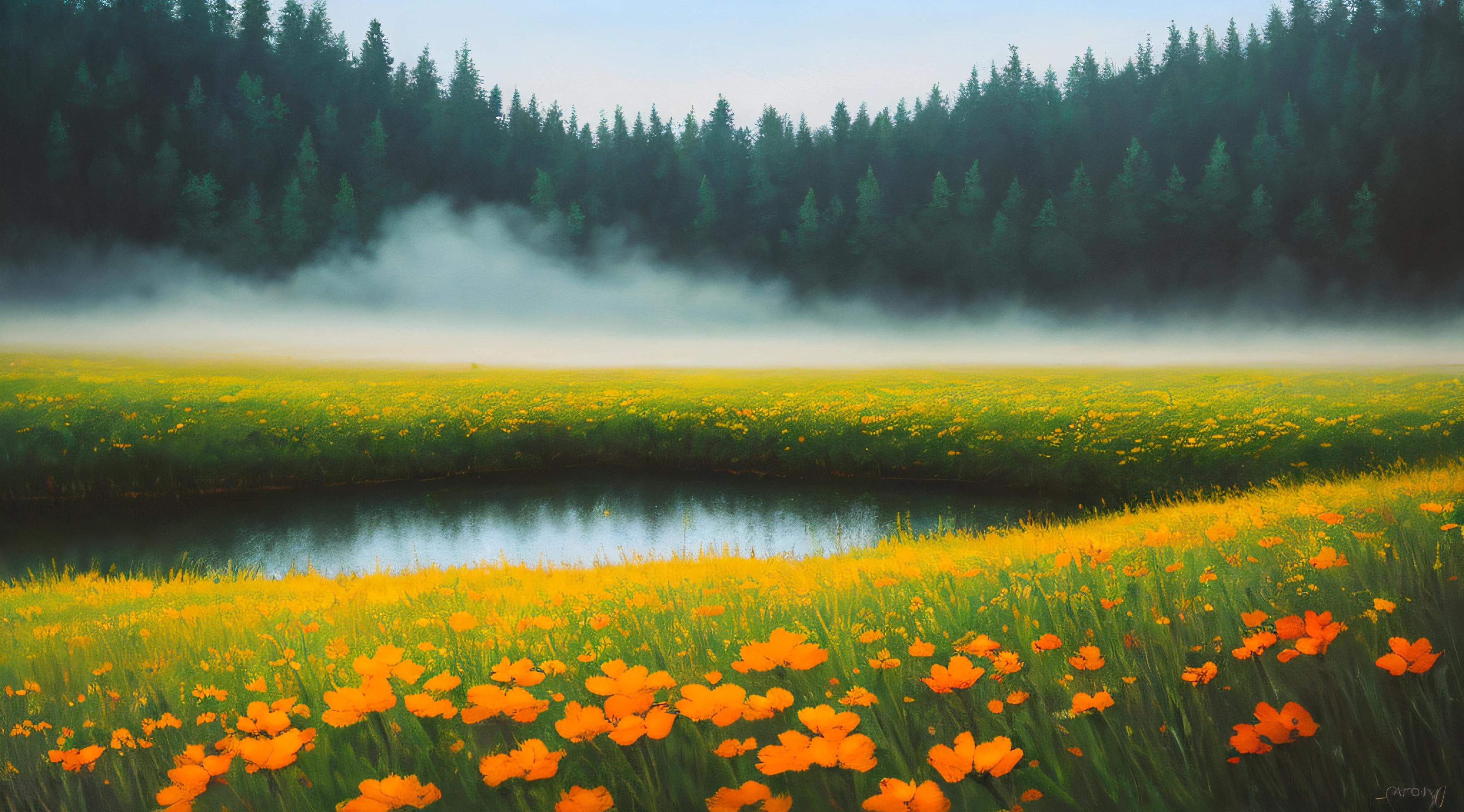 masterpiece, best quality, high quality,extremely detailed CG unity 8k wallpaper, A tranquil and peaceful scene, featuring a serene lake nestled among rolling hills and surrounded by a verdant forest, with a misty morning fog that adds an air of mystery and enchantment, artstation, digital art, intricate, trending, muted colors, artstation, digital illustration, intricate, trending, pastel colors, oil paiting, award winning photography, Bokeh, Depth of Field, HDR, bloom, Chromatic Aberration ,Photorealistic,extremely detailed, trending on artstation, trending on CGsociety, Intricate, High Detail, dramatic, art by midjourney