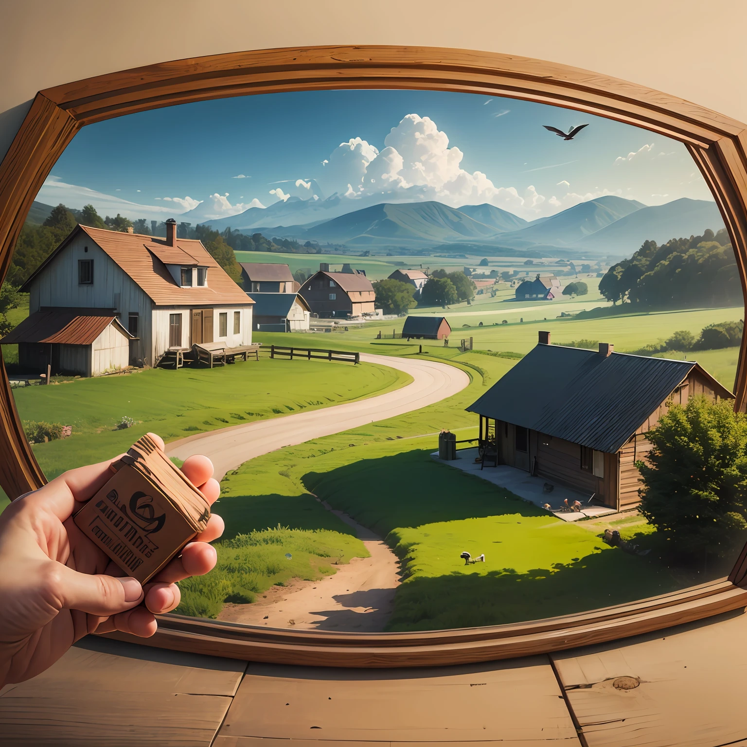 Create an image of Grandpa DeDei's farm with a comprehensive view of where you can see all these buildings in the same environment: casa, curral, celeiro, very wooded with birds flying, cavalos, vacas e outros animais, todos em perfeita harmonia e paz. --auto