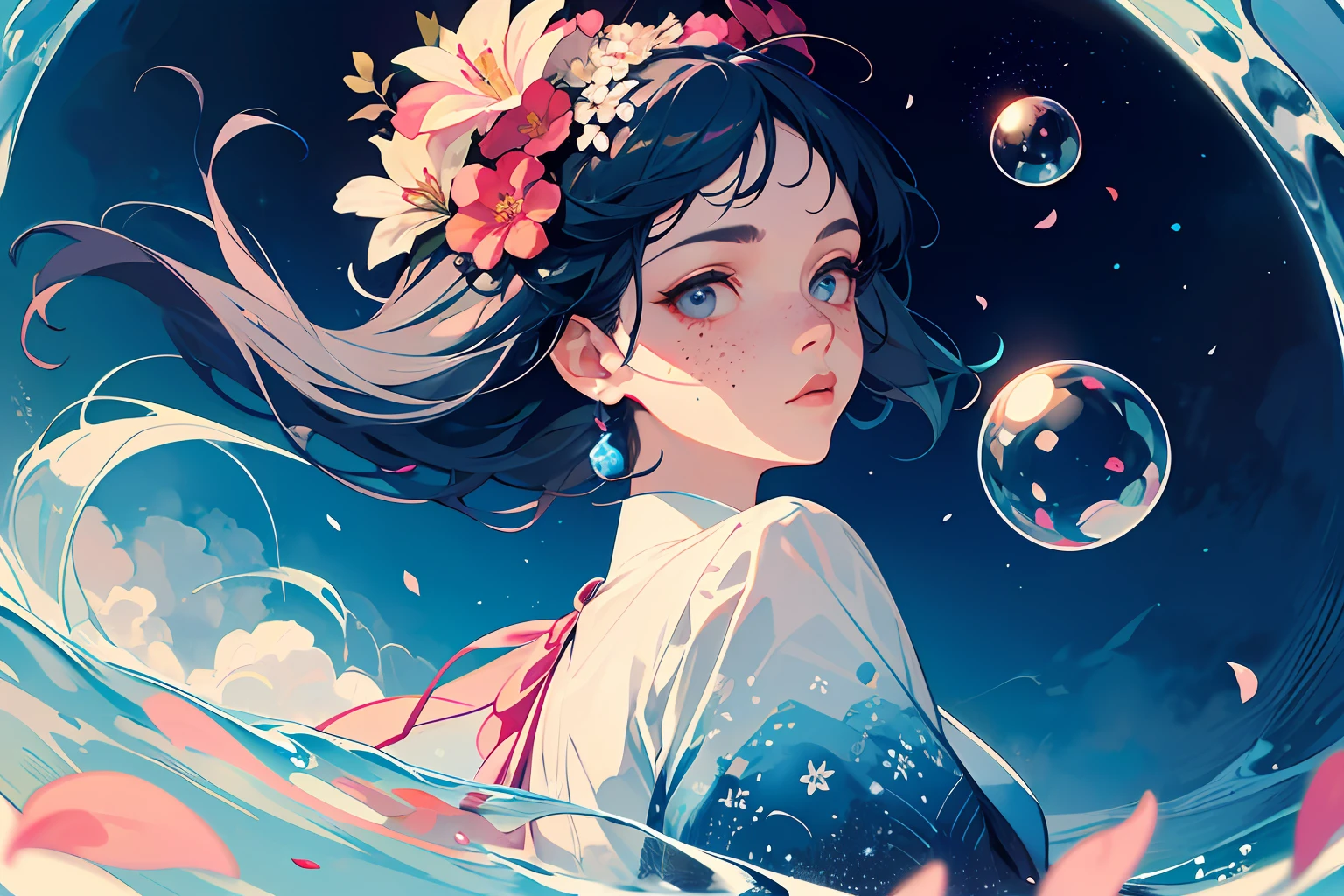 ((Masterpieces)), ((super-detailed)), ((best quaity)), Beautiful Finely Detailed Eyes, Detailed face, The best lighting, The best shades, 1 girl on the side, Three-quarters of the girl with a side face solo, ((Classic Disney style, Edge lighting, Flat 2D style, Disney 2D)), ((The main colors are blue and pink)), Huge flowers,Various plants,Various flowers,Scattered petals, (The girl inside the bubble:1.5), Bubble Island, Bubbleland, A world made of bubbles, freckles, Cold nose, (((Bubbles))), Marbles, Japanese inspiration, (highlydetailed), Whirlpool effect,