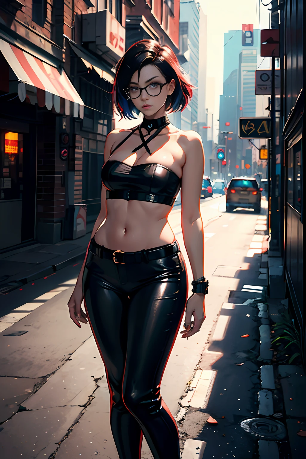 Cyberpunk portrait photography, cyberpunk glasses, glowing cyberpunk neck guard, black bandeau, leather pants, high heels, natural skin, soft light, edge light, hips, on the side of the road, detailed background, complex, high detail, octane rendering, HD, 8k, Anne Leibovitz, 120mm