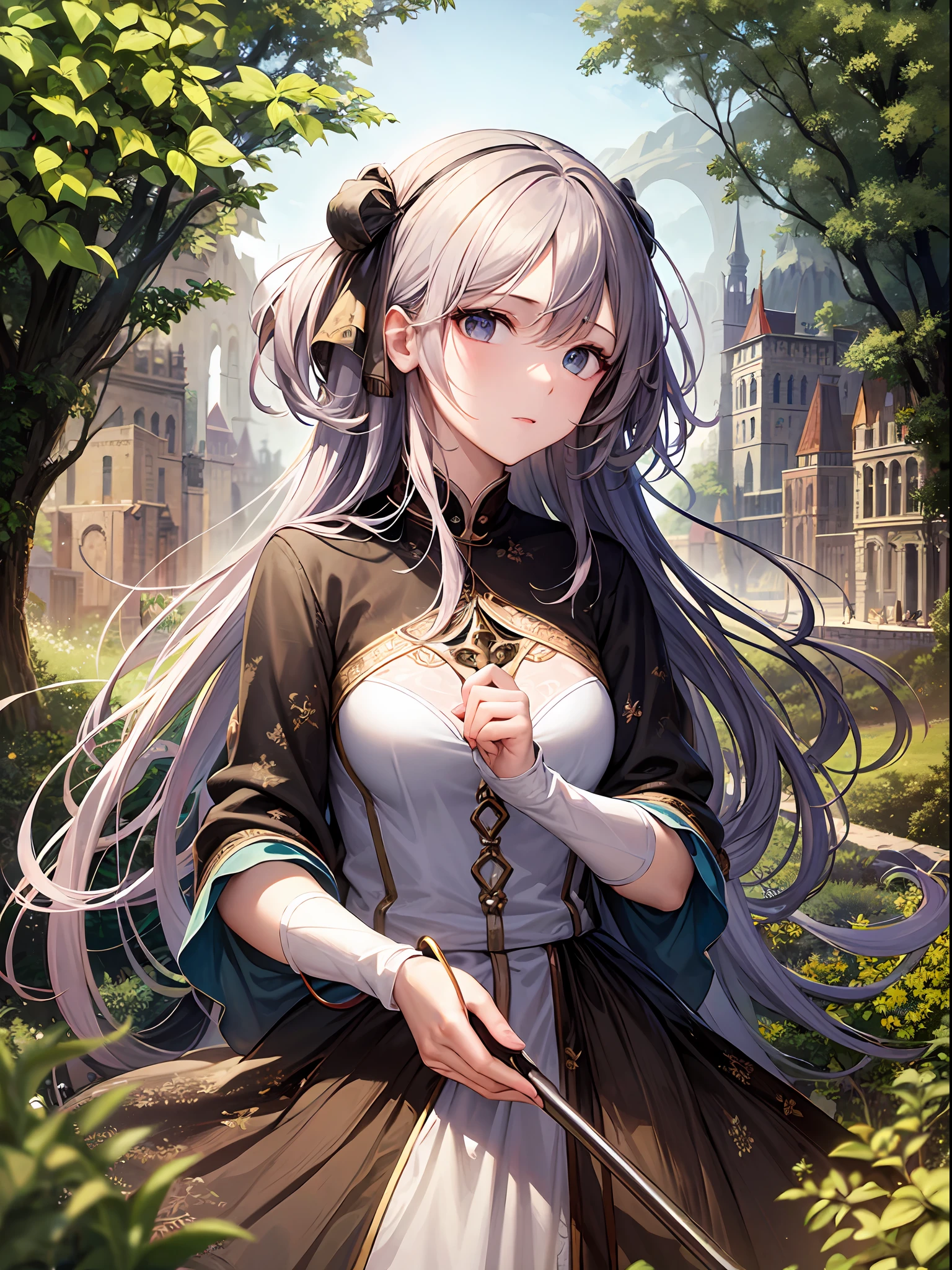(master masterpiece、best-quality、highest、offical arts、Beautifully Aesthetic:1.2)、(master masterpiece、best-quality、best-quality、offical arts、Beautifully Aesthetic:1.2)、(master masterpiece、best-quality、best-quality、offical arts、Beautifully Aesthetic:1.2)、(1girle:1.3)、highly detail、(Fractal Art:1.3)、colorfull、Supreme Details、「Girl Wizard from Another World」This painting titled、It depicts a girl manipulating magic in an exclusive castle garden。 A beautiful otherworldly castle spreads out in the background、The garden there is、It creates an atmosphere as if it has opened a door to another world..。 At the center of this scene is、Japan elementary school girls standing in elementary school uniforms。Her face is innocent and、It has an expression that makes you want something strongly。In her hand is a luxurious wand.、From that wand is emitting mighty magical powers。Its energy is very powerful、A beam of light makes a large trajectory in the sky。The eyes are developed, realistic and detailed.。The brilliance of the pupil impresses with the strength of the life force。Beautiful fingertips、Shaped like a pianist, and even the nails are reproduced in detail.々Fascinates。 The charm of this painting is、The powerfulness of the girl and the beauty of the garden、E、It skillfully captures the atmosphere of another world.。E、The girl's facial expressions and movements are very realistic.、It has the power to draw the viewer into the moment。 In addition、the light and shadow production is also stunning。The beam of light emitted by the cane is、Illuminate the gardens and castle、pure、Creates a sense of distance from the visible light source to the girl.。Quality produces realistic images、It can convey visual beauty and story appeal at the same time。 This is、Not only visually appealing works、It is a work that further enriches the visual experience by drawing a story.。We think about the theme to the fullest。 The reason is、With its high degree of perfection and、The efforts and passion of artists who were