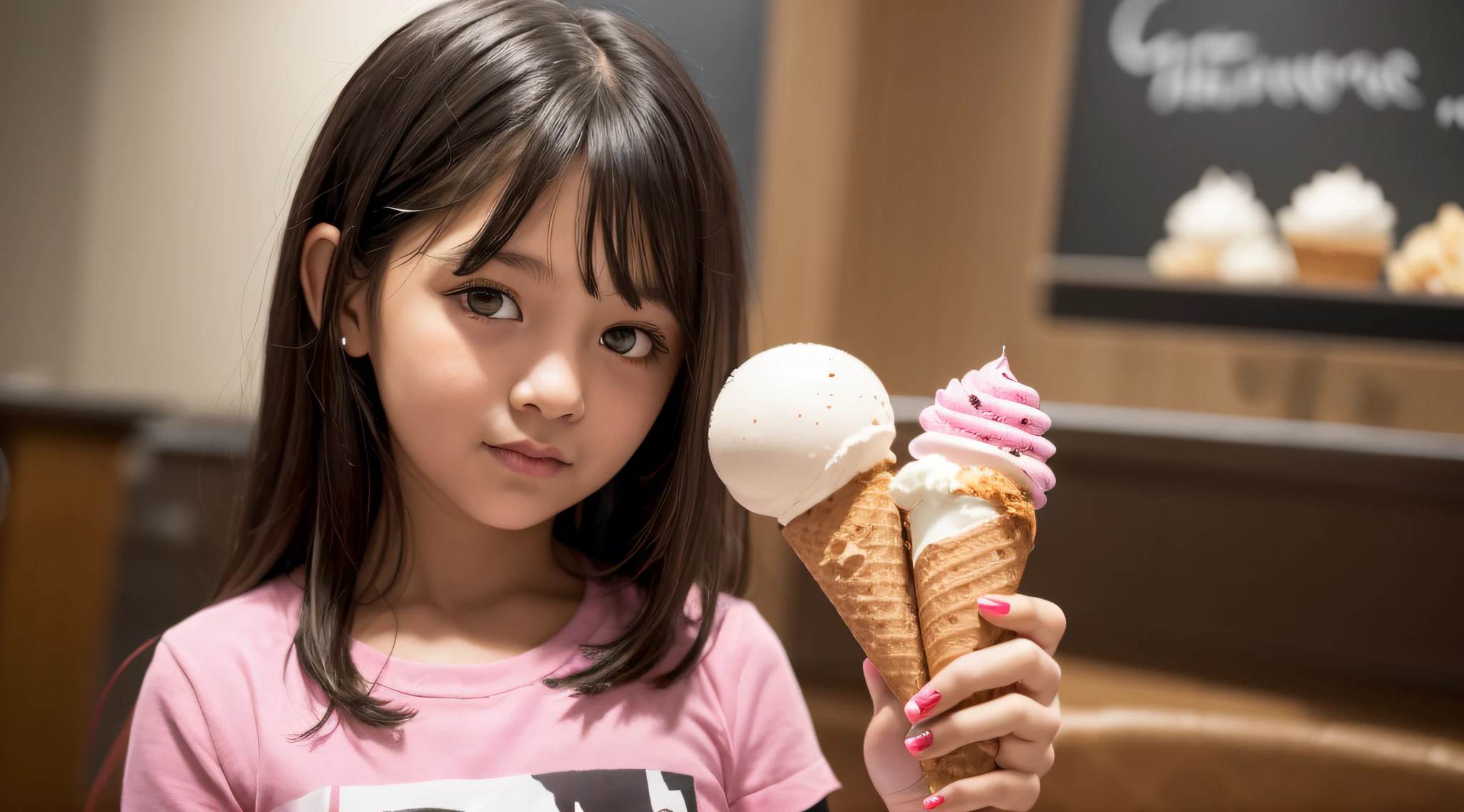 girl CHILD 10 years old , loira com cabelo cacheado, three ice cream cones with different flavors of ice cream in them, casquinhas de sorvete, gelado, casquinha de sorvete, sorvete ao lado, montanhas de sorvete, comer sorvete - creme, comer sorvete, cone, Nascer, delicioso, 8k)), em forma de cone, detalhado