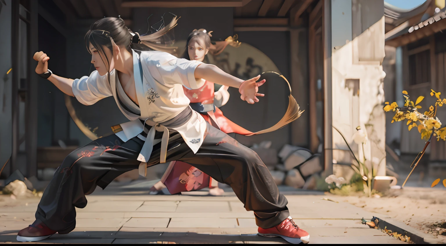 there is a woman in a white shirt and black pants doing a karate pose, wuxia de corpo inteiro, foto de retrato, ainda de um filme live action, wuxia, Kunoichi, inspirado em Miao Fu, Pose de arte marcial, Kung-Fu, inspirado em Liao Chi-chun, stunning action poses, artes marciais