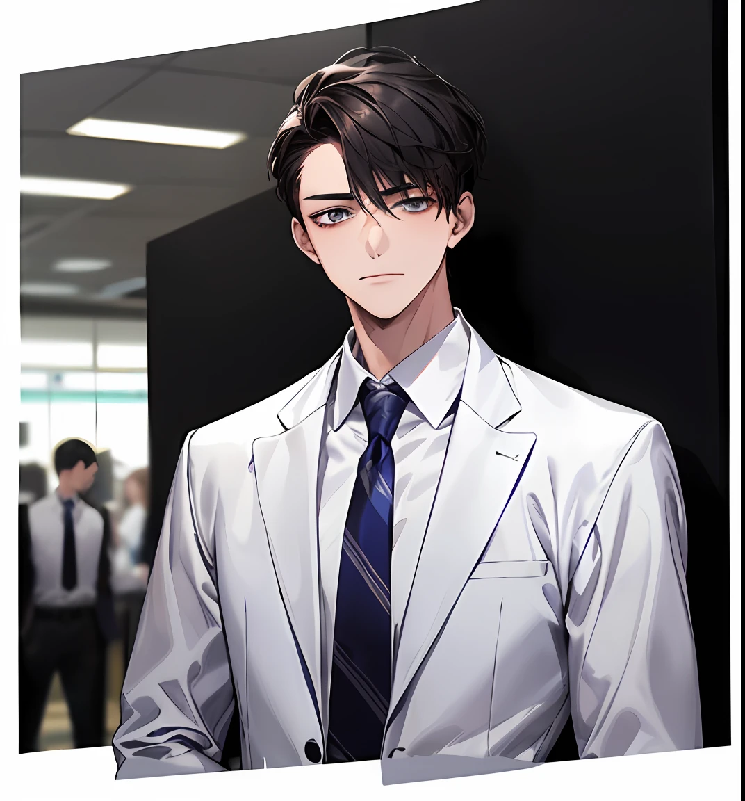 1boy,adult,Impatient expression,Business suit,jacket,whiteshirt,necktie,pants,best quaity,employee,face detail,White background,far view