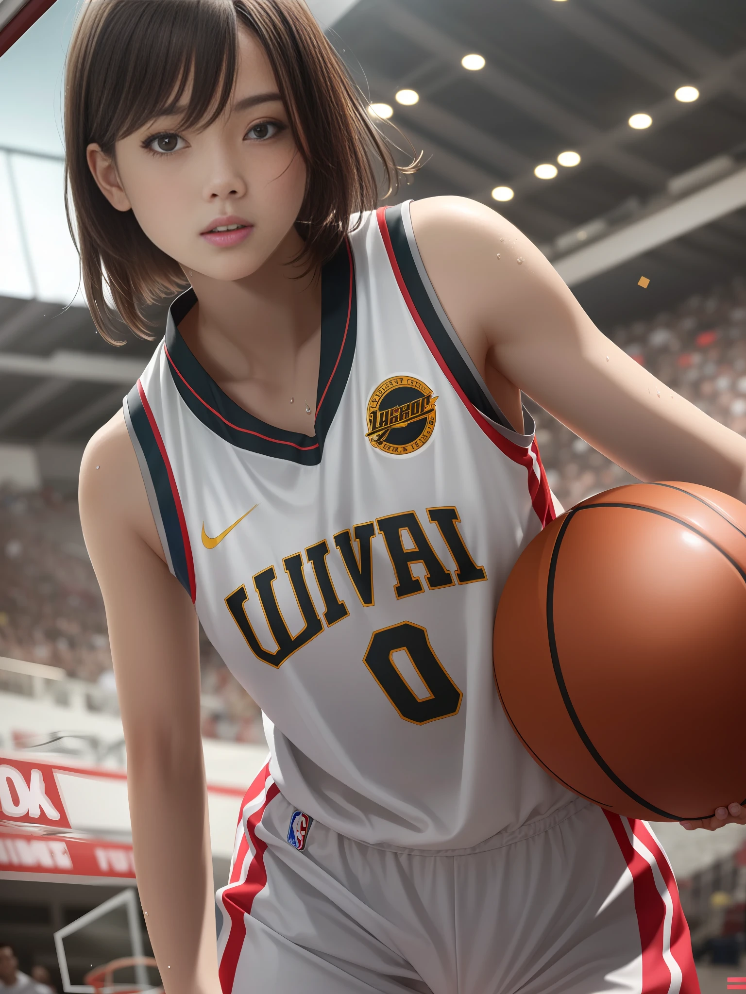 Absurdres, hdr, ultra detailed illustration,1beatiful girl, extremely detailed face, RAW photo, film grain, skin pores, trending on deviantart,basketball uniform,small detailed delicate face,large breasts,tone abs,wet skins sweat,basketball venue,dynamic pose,dramatic light