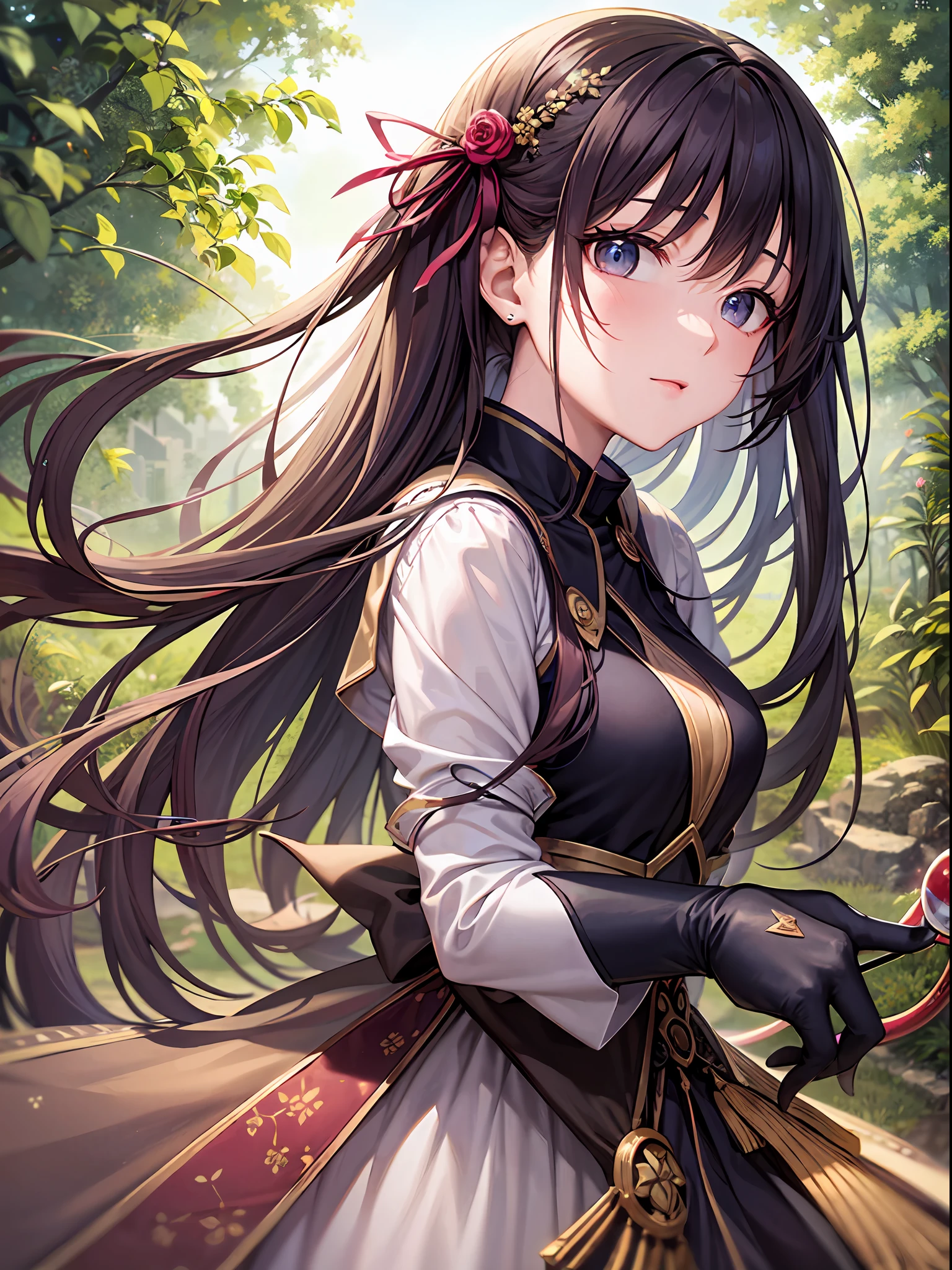 (master masterpiece、best-quality、highest、offical arts、Beautifully Aesthetic:1.2)、(master masterpiece、best-quality、best-quality、offical arts、Beautifully Aesthetic:1.2)、(master masterpiece、best-quality、best-quality、offical arts、Beautifully Aesthetic:1.2)、(1girle:1.3)、highly detail、(Fractal Art:1.3)、colorfull、Supreme Details、「Girl Wizard from Another World」This painting titled、It depicts a girl manipulating magic in an exclusive castle garden。 A beautiful otherworldly castle spreads out in the background、The garden there is、It creates an atmosphere as if it has opened a door to another world..。 At the center of this scene is、Japan girls standing in elementary schoole is innocent and、It has an expression that makes you want something strongly。In her hand is a luxurious wand.、From that wand is emitting mighty magical powers。Its energy is very powerful、A beam of light makes a large trajectory in the sky。The eyes are developed, realistic and detailed.。The brilliance of the pupil impresses with the strength of the life force。Beautiful fingertips、Shaped like a pianist, and even the nails are reproduced in detail.々Fascinates。 The charm of this painting is、The powerfulness of the girl and the beauty of the garden、E、It skillfully captures the atmosphere of another world.。E、The girl's facial expressions and movements are very realistic.、It has the power to draw the viewer into the moment。 In addition、the light and shadow production is also stunning。The beam of light emitted by the cane is、Illuminate the gardens and castle、pure、Creates a sense of distance from the visible light source to the girl.。Quality produces realistic images、It can convey visual beauty and story appeal at the same time。 This is、Not only visually appealing works、It is a work that further enriches the visual experience by drawing a story.。We think about the theme to the fullest。 The reason is、With its high degree of perfection and、The efforts and passion of artists who were