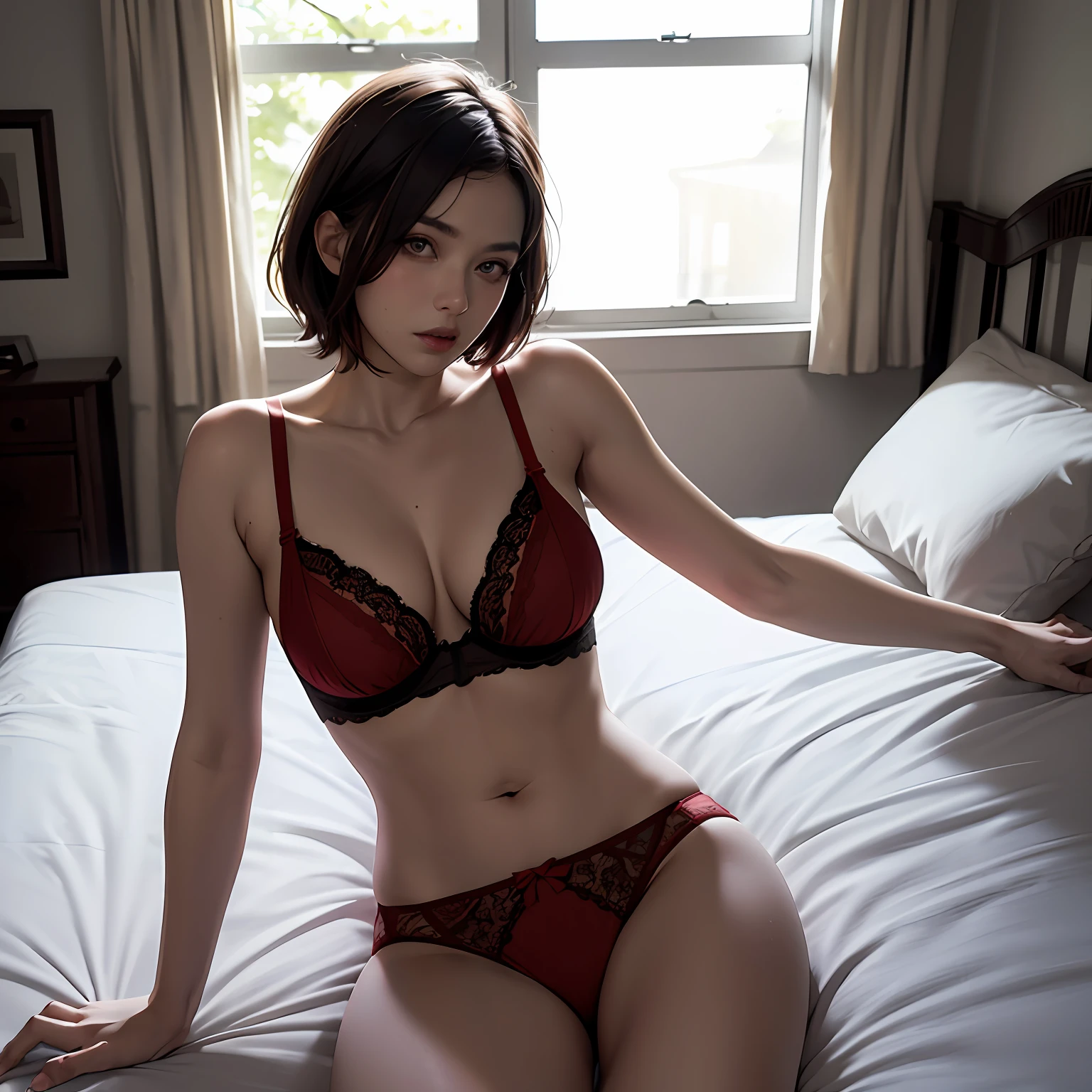 Top quality, masterpiece, ultra high resolution, (photorealistic: 1.5), raw photo, 1 girl, red lace underwear, dark, deep shadow, understated, cold light, sexy appearance, short hair, lying in bed, sexy pose --auto
